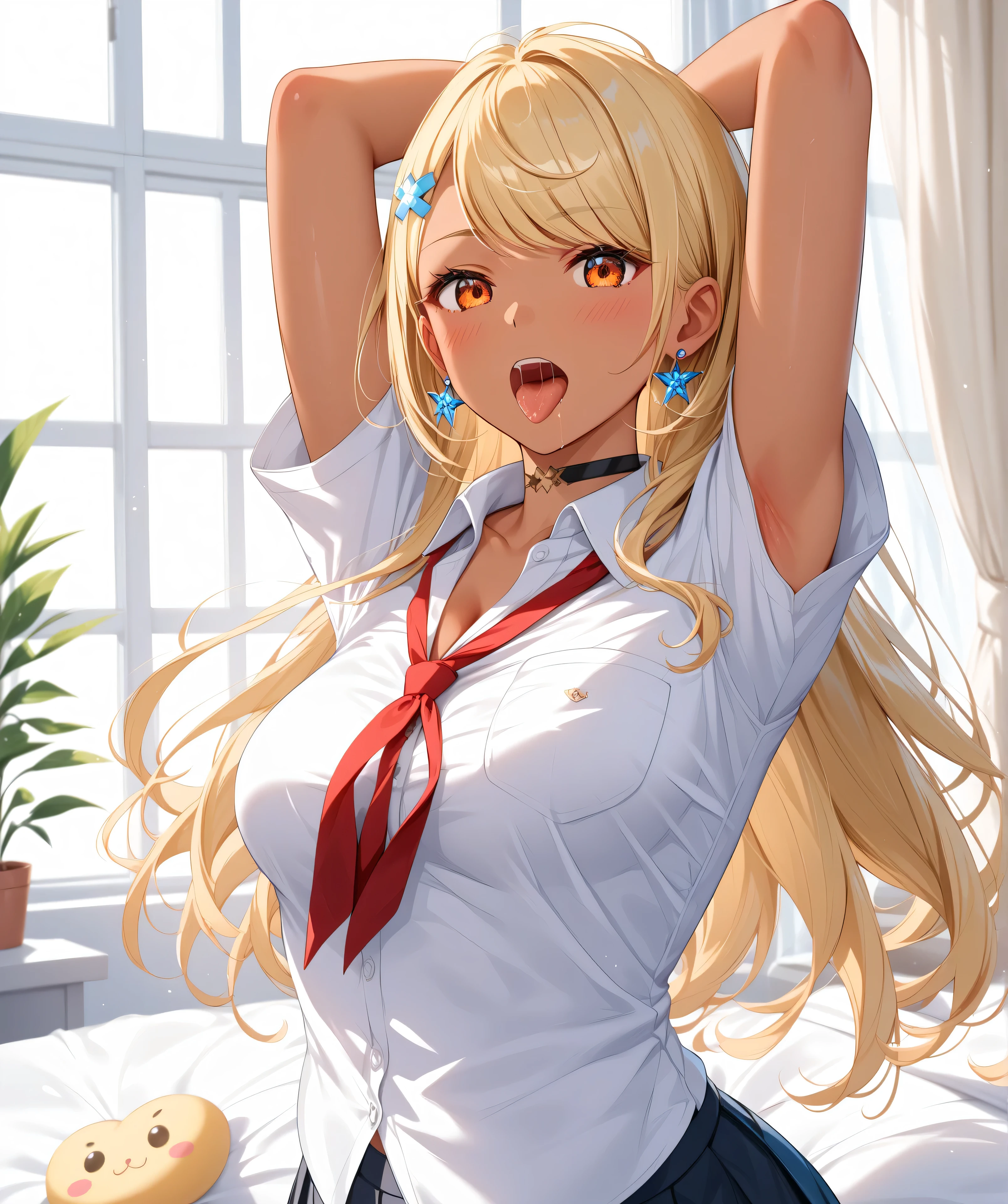 master piece、Best Quality,Super detailed,High resolution,Extremely detailed CG,Unity 8K Wallpaper,weat,score_9, score_8_up, score_7_up, score_6_up, score_5_up, score_4_up, source_anime,QpiOriginal, orange eyes, dark skin, blonde hair, long hair, swept bangs, flower hairclip, blue earrings, black choker,school uniform,professional quality、big hip、medium breasts,nsfw,bed room,nsfw,Romanticism、thick thighs,wide hips,NSFW,armpit focus,big butt,Official Art,mature female,perky breasts,embarrassed,athletic female,short sleeves,tongue out,open mouth,arched back,saliva ,cleavage