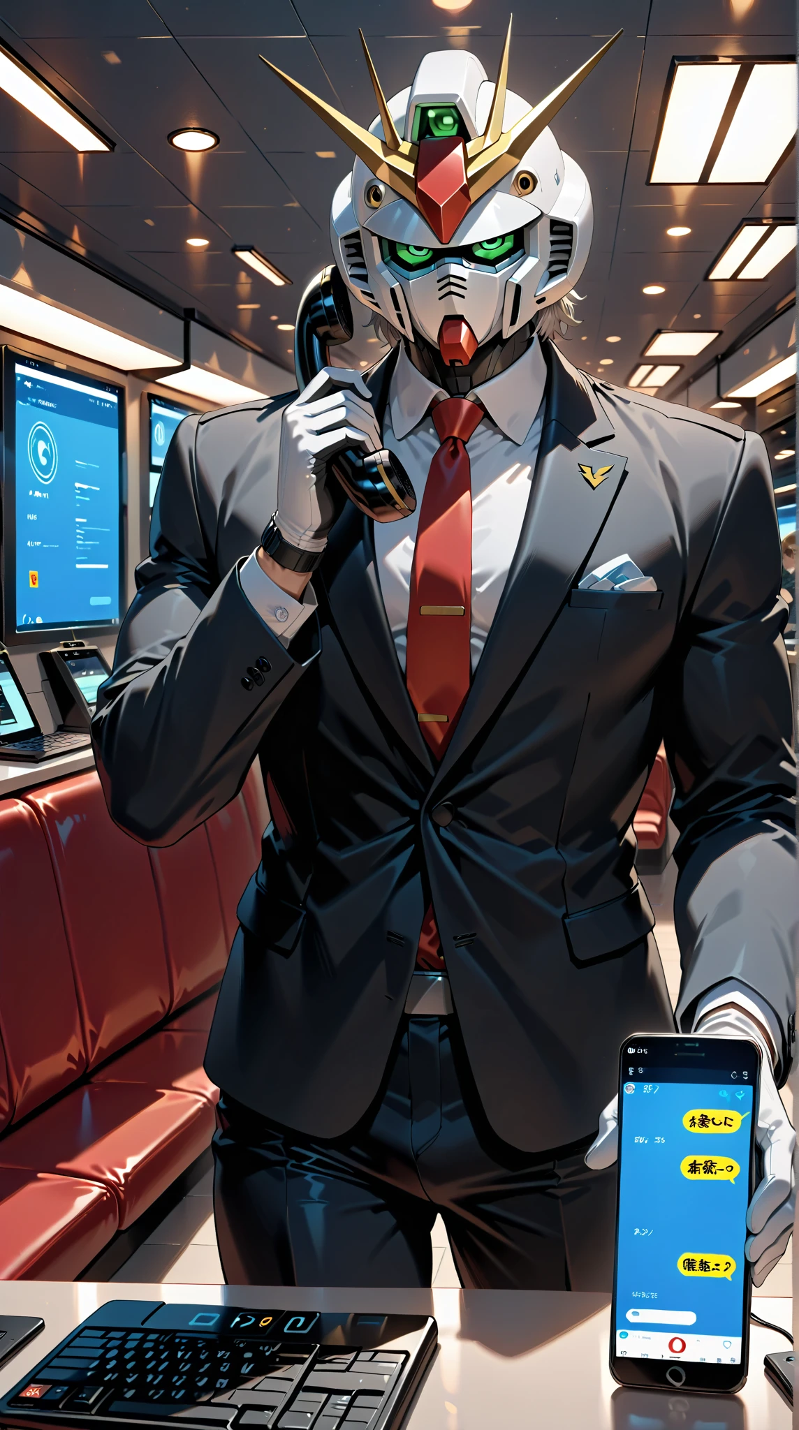 
((Best Quality)),( super high definition),(Super detailed),( detailed description ),((The best CG)),(masterpiece),Mobile Suit Gundam,A man in a suit holds a cell phone with Gundam printed on it, (Pay attention to mobile phones with Gundam printed on them:1.5)