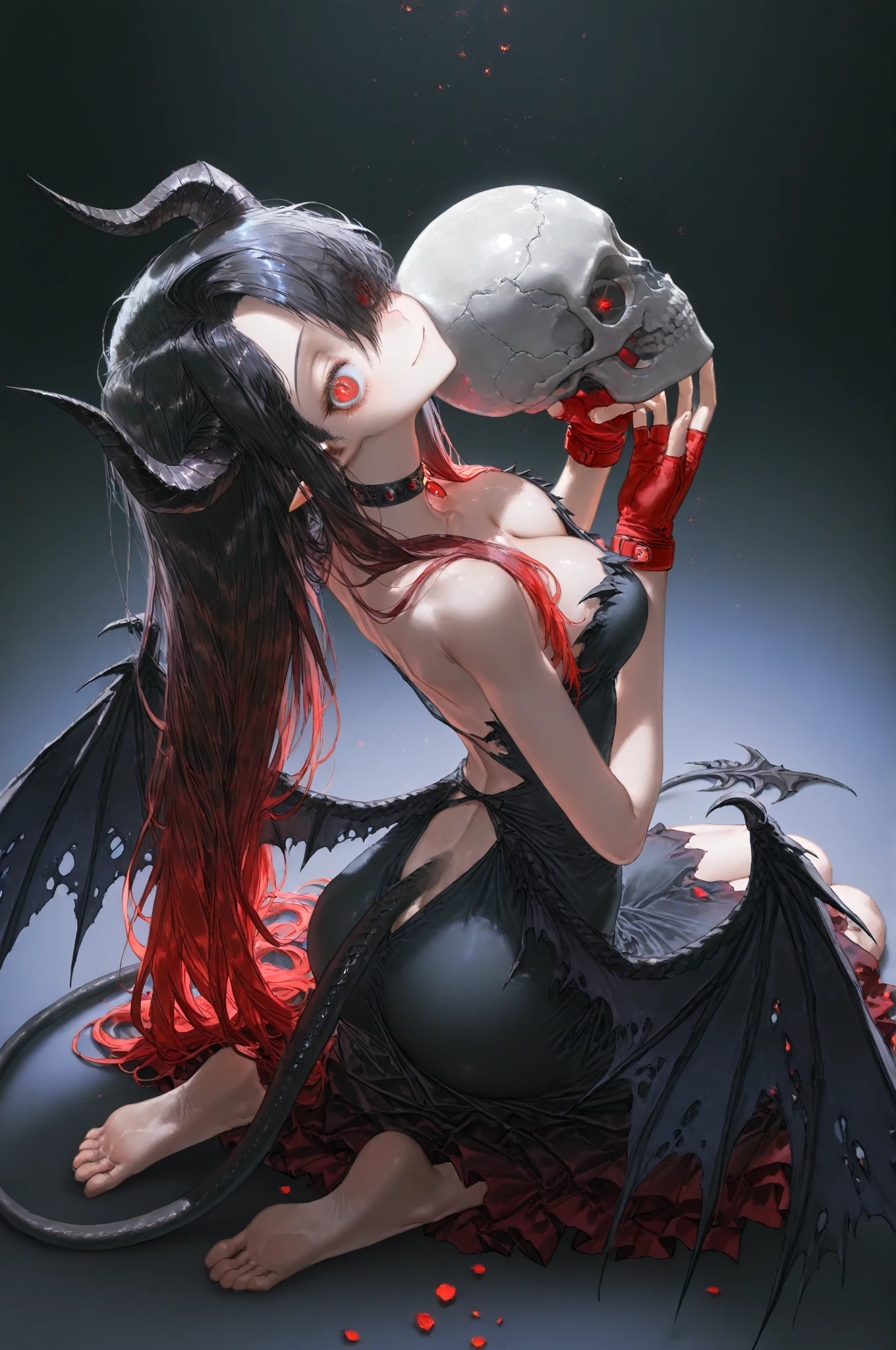 In this mesmerizing depiction, we are introduced to a pair of alluring demon girls, both 23 years old, who exude an aura of darkness and mystique. With piercing red eyes and flowing, ebony locks cascading down their backs, their beauty is intensified by the intricately detailed thorns that adorn their bodies. A wickedly creepy smile graces their lips, adding an eerie charm to their captivating presence. This stunning artwork, presented in flawless 4K resolution, showcases the woman's demon dressed in a resplendent red kimono embellished with black rose motifs, symbolizing the juxtaposition of beauty and danger. To further heighten the enchantment, the woman demon delicately cradles a fluffy baby penguin in