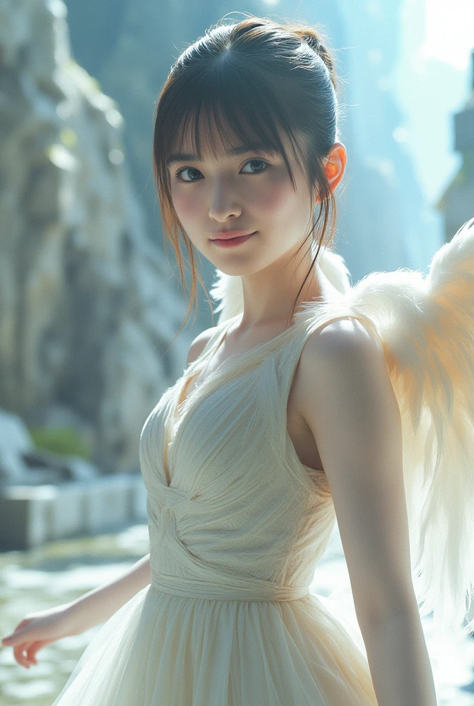 face closeup,beautiful detailed eyes, droppy eyes,beautiful detailed lips, extremely detailed eyes and face, long eyelashes, 1japanese girl, fantasy character, (Final Fantasy, yuuna),smile,short hair,elegant white dress,break, blue long skirt,break,magical girl, highly detailed, fantasy landscape, dramatic lighting, glowing effects, mist, intricate details, volumetric lighting, cinematic composition, hyper realistic, 8k, best quality, masterpiece, photorealistic,Highres fix