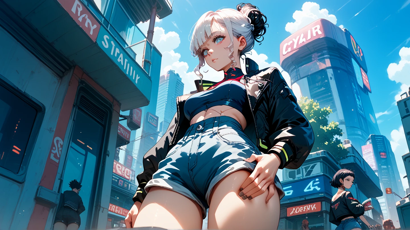 best qualityer, 4K, work of art, extremely detaild, high détail, 1 girl, standing alone, peri, blue hair with golden highlights, hair over one eye, multicolored hair, twintails, blood red eyes, two tone hair, Tank top shirt, small round breasts, nipples under clothes, ssmile, Burning city background, (((full body with thick body thighs, thick glossy pink lips, tattoo on hands, She is wearing short shorts and white high top sneakers)))