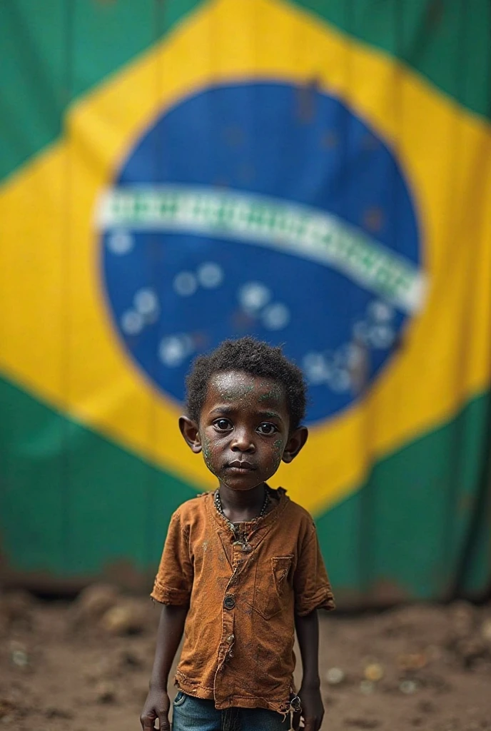 background the image of the Brazilian flag, Image of a student child looking at the Brazilian flag on September 7th, the future of education is in our hands.

