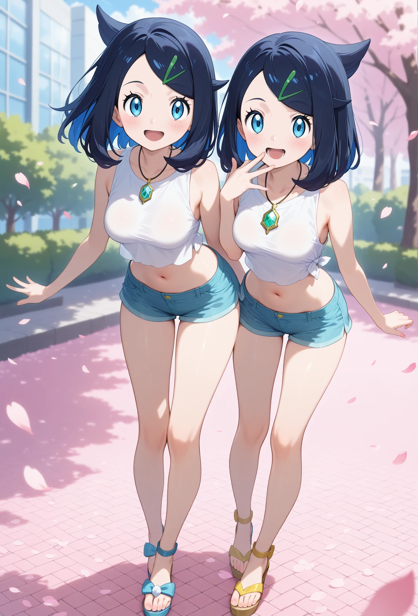 outdoors(sunny), ((anal beads) protruding from anus), (exposed pussy)wet(pussy juice)(spread labia)(erect prominent clitoris)(urethra squirting juice), (short height)(young girl), nude, ((light blue) tiny triangle (bikini top))only, (huge round breasts)(big boobs), narrow waist, belly button, small hips, (bare underbody)bottomless(bare vulva)(bare hips)(bare pussy), (thin legs)(bare legs), sneakers, (blue ponytail)(white ribbon), orgasm, outdoors(sunny), (Highly Detailed CG Unity 8K Wallpaper) (Better Quality) (Better lighting)