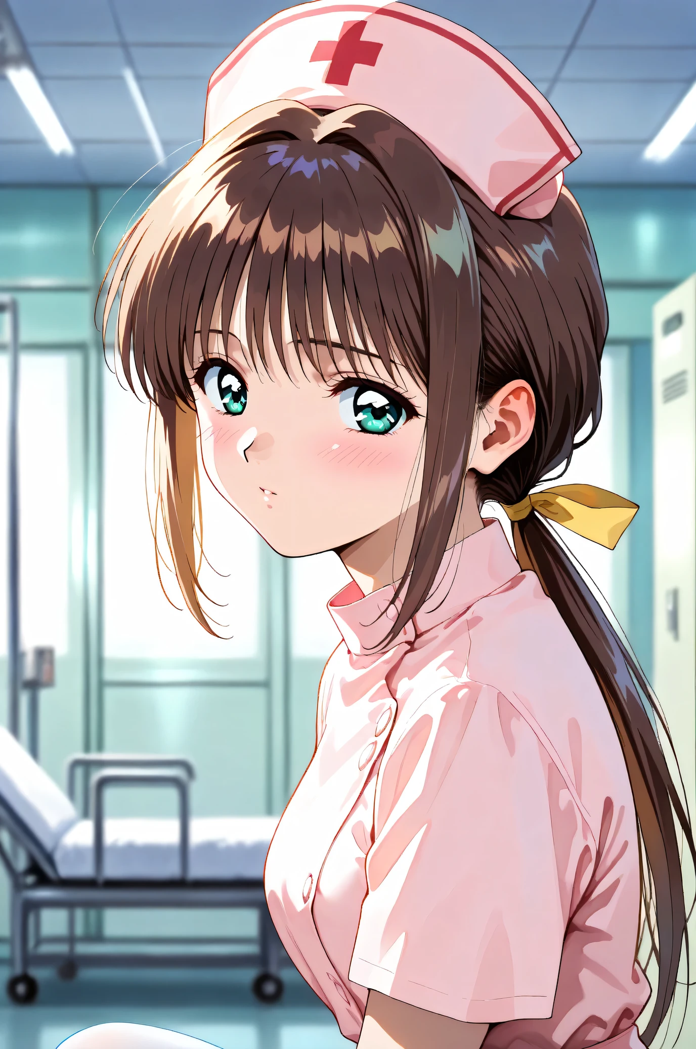 (Masterpiece:1.2), (Highest quality:1.1), (Very detailed),
(The best shape), (Best shadow), (Absurd),
(Detailed Background), (So beautiful), Shiny,
Beautiful eyes in every detail, Extraordinary, Countershading, 8k, 32K, High resolution,
Very Detailed CG, UHD,
Source_anime, retro artstyle, 1990s (style),
(Pastel painting:1.2), (Watercolor painting:1.2),
(Masterpiece, Detailed:1.2), (Foreshortening:1.2),
Cinematic, Dramatic, (Depth of field:1.4),
(Blurry background:1.4), (Realistic background:1.4),
1 girl, Solo, Dynamic angle,
Hospital, Examination room,
Yakinbyoutou, Night shift nurses,
Nanase Ren,
RenNanase, 1girl, Brown hair, Low ponytail, Aqua eyes,
Pink nurse cap, Pink nurse, White pantyhose,
Hair ribbon, Yellow hair ribbon,
(Blush:1.3),
Portrait,
Looking at viewer,
Focus on face,
Shiny skin,
