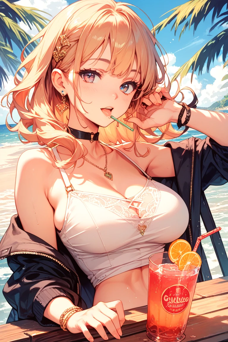 Highest quality、Best image quality、masterpiece、One Girl、26 years old、Best Bust、Big Breasts、Beautiful Eyes、Blonde, Green Eyes、ponytail、Natural smile、Cleavage、Sexy pose, Seductive pose, crop top, hot pants, Put your sunglasses on your forehead、On the cruiser、Sitting at the table、Drinking champagne、Upper Body、blue sea、Natural sunlight、Lens flare、Shallow depth of field、