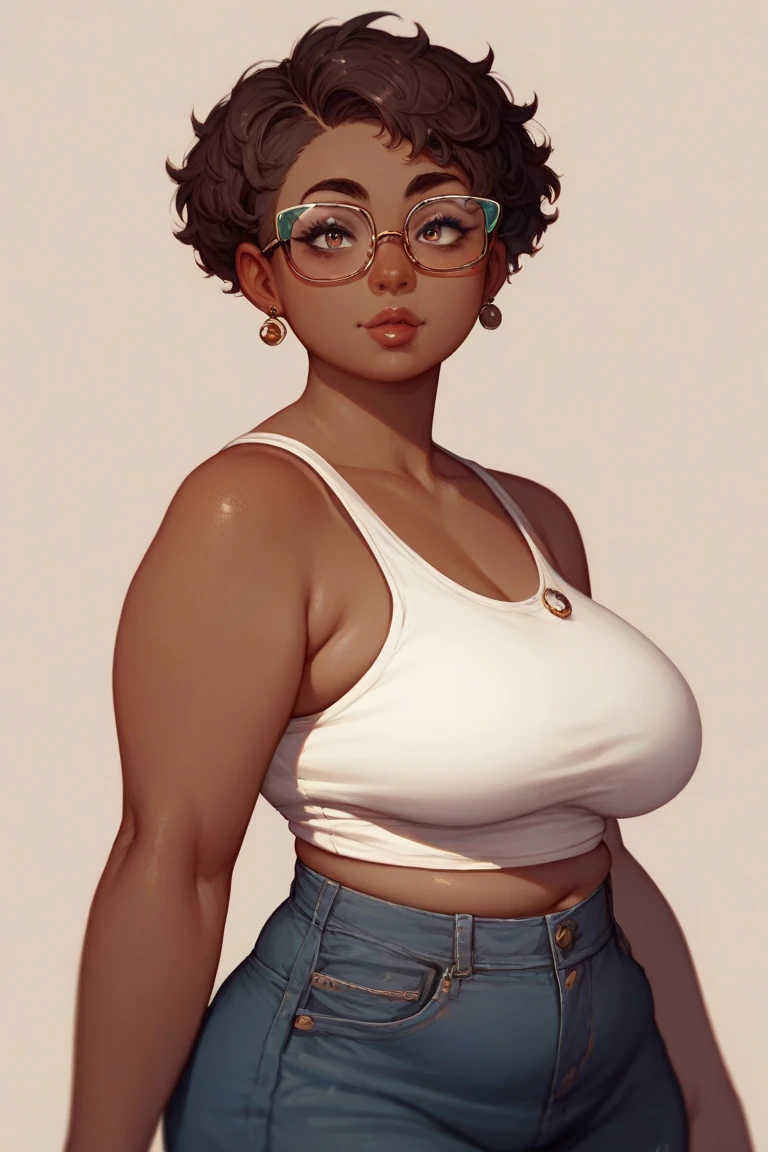 Masterpiece artwork, best quality, a brown-skinned woman, short black curly hair, brown glasses and eyes. new, Unclothed