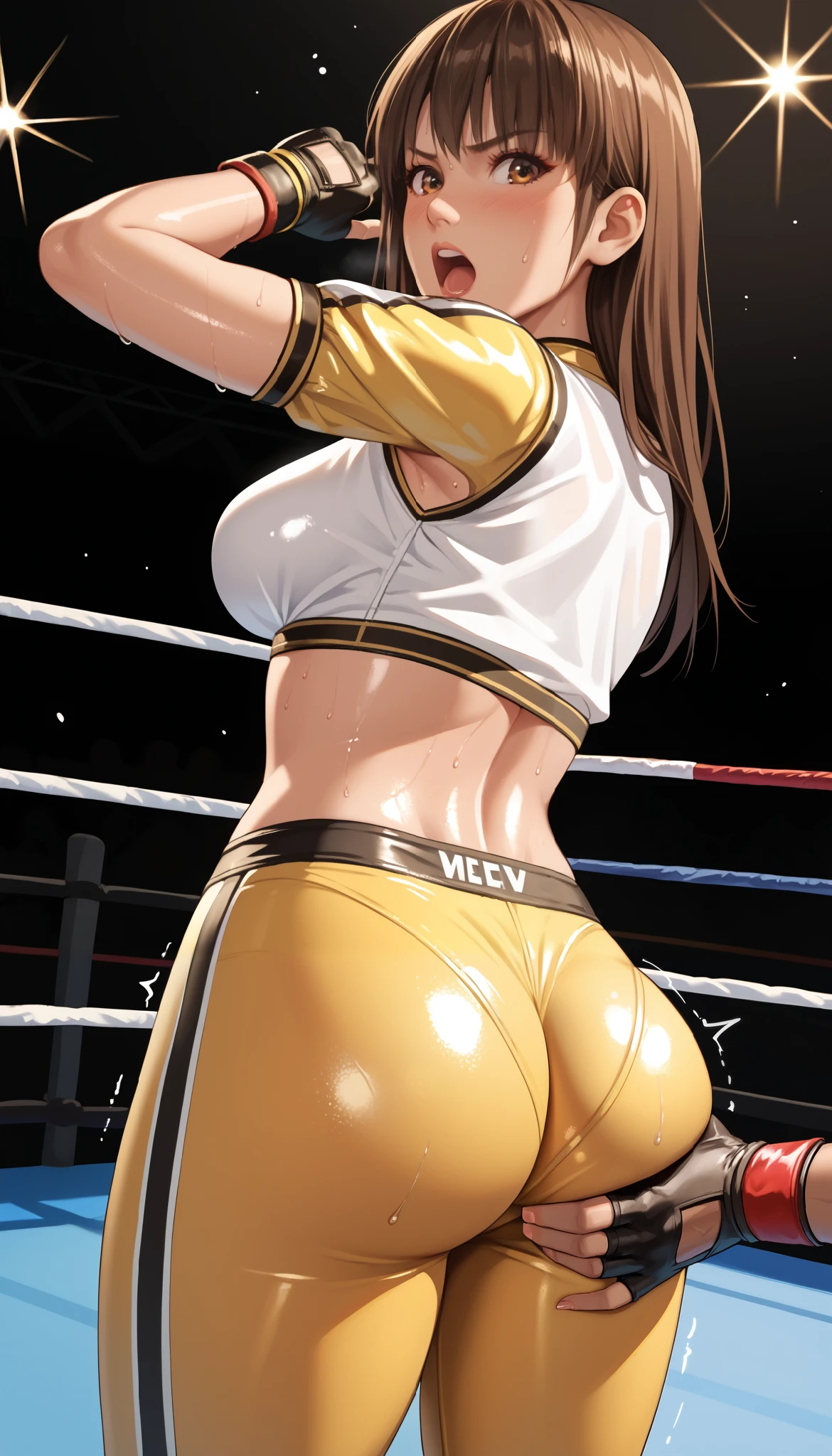 wavy, light brown haired, bronze-tanned, dark-tanned, dark eyed, silly faced, serious looking, wearing piercing, fit lady standing bent over and holding Olympic bar on the floor in a secluded gym with mirrors and equipment, she wears black spandex leggings, orange top and, black-grey gym glove, But lady only takes up the left side of the frame