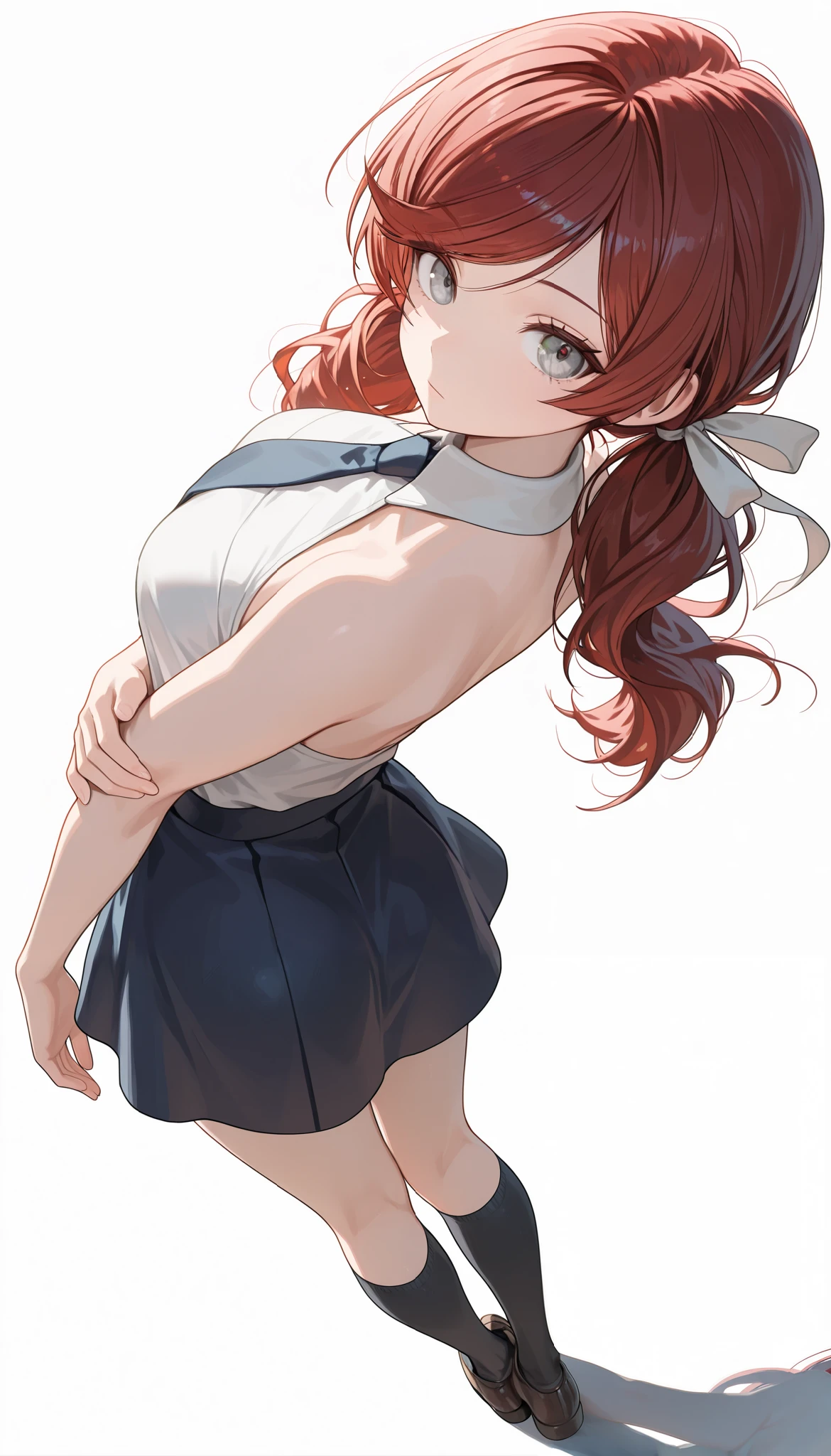 (masterpiece:1.2, Best Quality), (finely detailed beautiful eye: 1.2), (beautiful detailed face), stoic, from behind, looking back, solo, expressionless, full body, Gray eyes, dark red hair, swept bangs, low twin tails, white ribbons, sleeveless white halter neck collared shirt, dark blue necktie, dark blue skirt, black knee socks, loafers, white background, simple background, holding own arm,