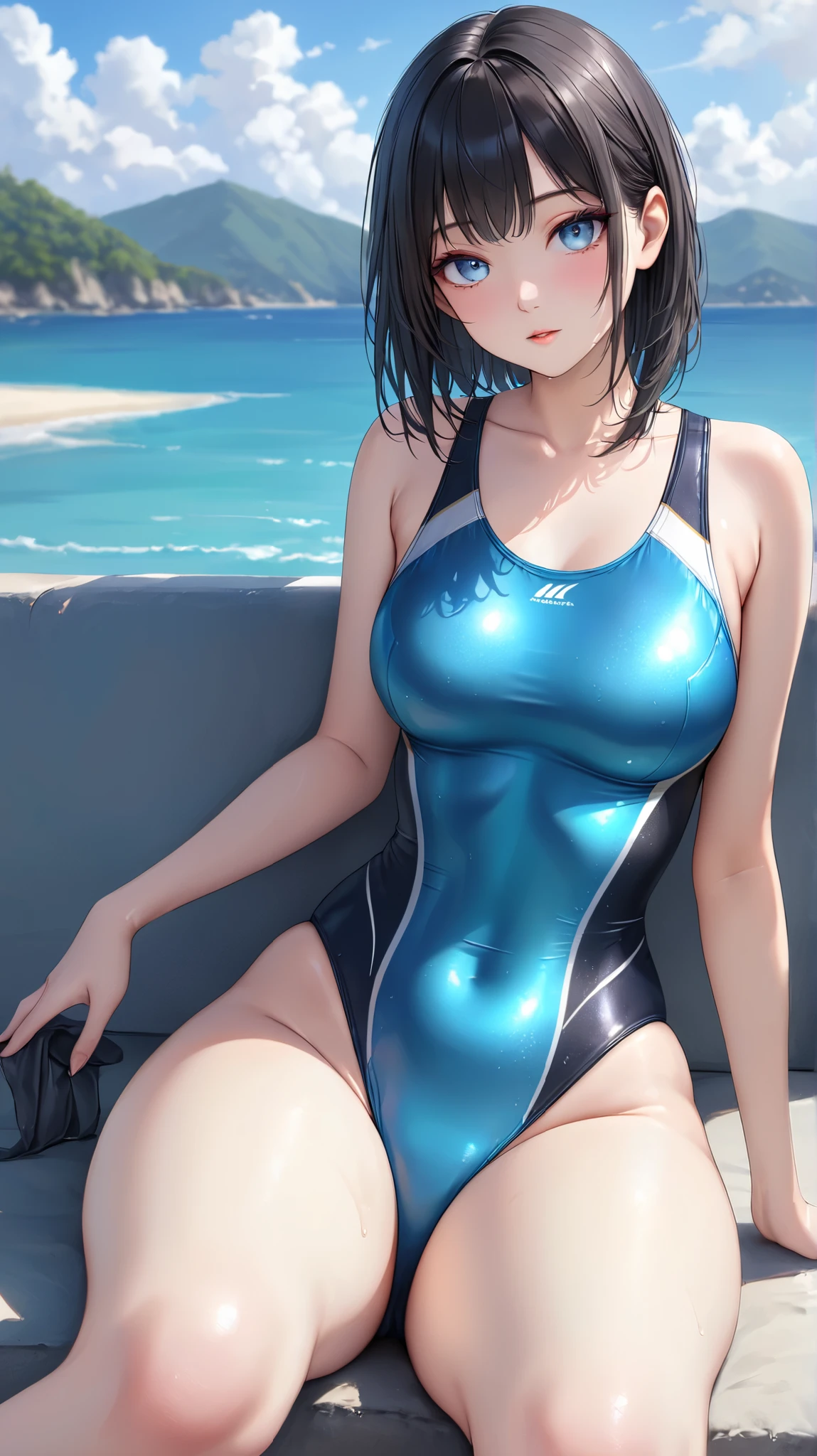 15 year old girl, 独奏, Wearing a competition swimsuit that emphasizes smiling buttocks、Super close-up looking up from below、masterpiece, top-quality, realisitic, ultra-detailliert, (shinny skin, Sweating: 1.4), Versatile sexy poses、short dark hair, Brown-eyed, slender, dynamic light and shadow, hight resolution, foco nítido, depth of fields, Narrow-eyed, Sharp pupils, realistic pupils are small: 1.6), (Thigh thickness: 1.0), Indoor pool