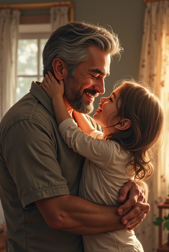 a loving father, Father's Day, father and daughter, heartwarming moment, paternal bond, ultra-detailed masterpiece (1.2, 8k highres), photorealistic, realistic, warm lighting, soft focus, beautiful colors, vibrant hues, tender mood, sentimental, cinematic – this image captures a tender embrace between a loving father and his daughter during golden hour. The father's gentle smile, tenderly holding his daughter's hand, emanates a heartfelt emotion as they share a beautiful family portrait. The warm lighting filters through the soft focus, bathing the picture in a loving relationship that radiates a palpable paternal bond
