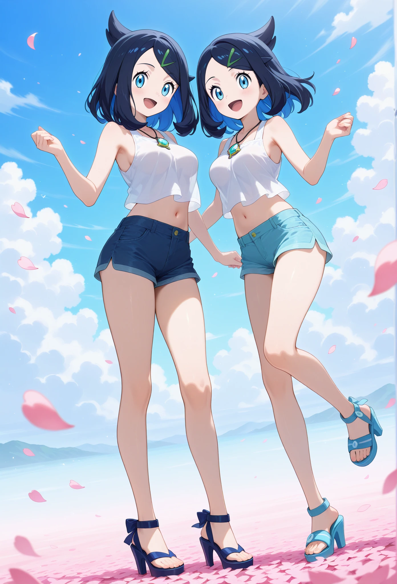 Short bob girl、A light blue bra clinging to a pure white dress shirt、A light blue mini skirt with cute white shorts that are lifted up、barefoot、Sandy beach, cumulonimbus clouds and blue sky、up、Sisters Hug
