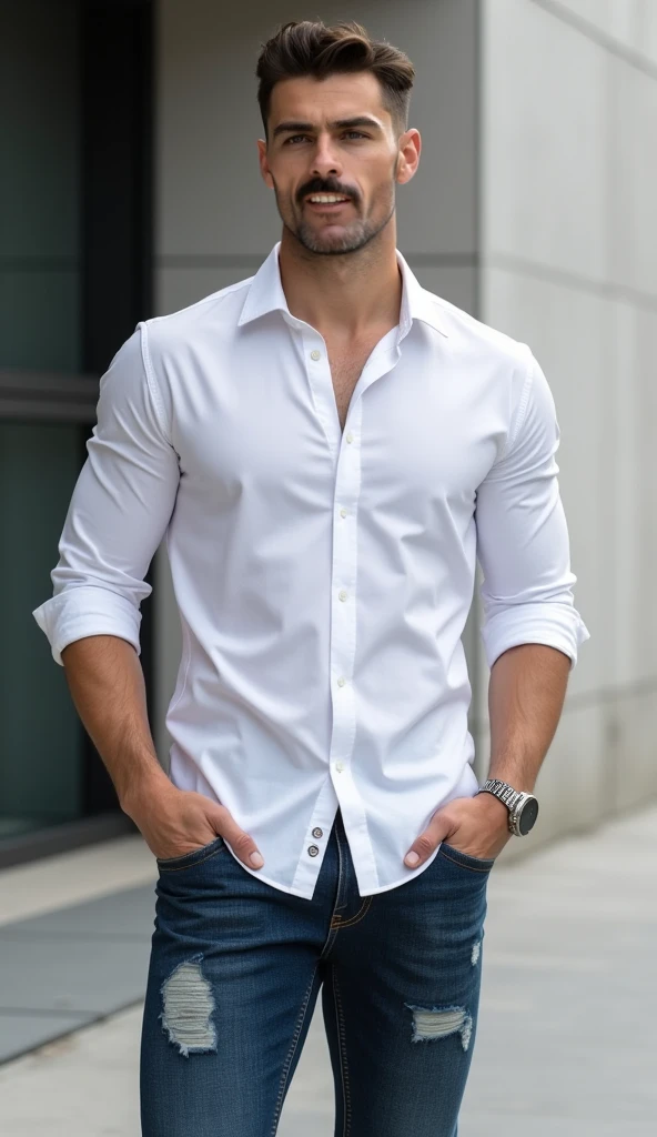 Generate an image of a walking young man, wearing a white shirt and black pants. He has less beard, giving him a stylish and put-together look. His expression is relaxed and calm, with a hint of a smile playing on his lips. The background is of a city , allowing the focus to be on the man's body and attire. The overall tone of the image is professional and stylish, with a touch of warmth and approachability. The man is not too muscular but a fit one. Perfect body