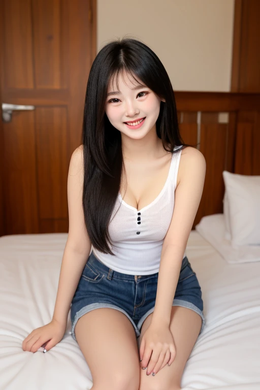 (masterpiece), A Korean beauty 20 years old, Long black hair, Iris, Glowing Eyes, unkind face, Highly detailed face, Wearing a black checked shirt under a white tank top, Ripped blue short jeans, White shoes, Earring in the left ear, Ring tattoo, whole body, Sit on the bed, 4K, 8k, Super detailed.