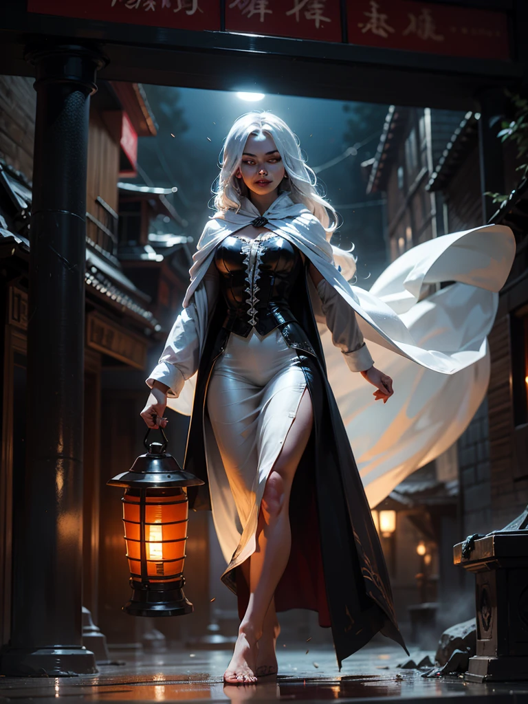 A very thick fogs, In a narrow village in Java, in the middle of the night, a ghostly figure was moving while carrying a creepy dim lantern in her hand. Her feet did not touch the ground, she was levitating. She held the lantern with her very long crooked hands. This figure was wearing a long white capes that shone red, translucent and . Her eyes emitted a fierce red light, her lips smiled grimly. Her very long hair was fluttered by the cold wind. The atmosphere was truly very tense and terrifying.