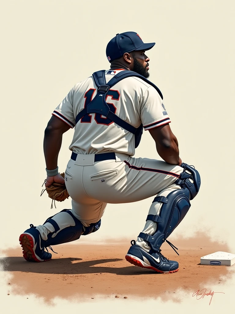 Black man with short black hair wearing a baseball outfit and a baseball bat in his hand