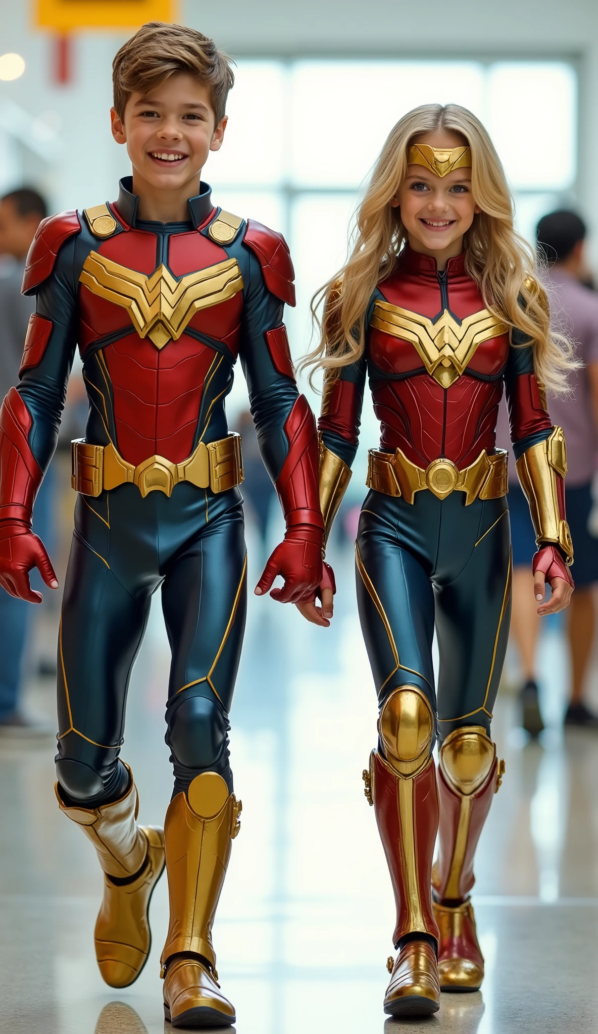 character: 1 boy, and 1 girl. They have blonde hair and They have cute faces.
action: Walk straight and look straight ahead.
Expression : smiling.
Costume : they Wearing futuristic wonder woman body suit
Background : A bright indoor public space , with people vaguely seen in the distance, shows that this picture was taken at a fun event or get-together, maybe a convention or costume . They radiate happiness as they walk confidently in their superhero costumes. Show the whole body.