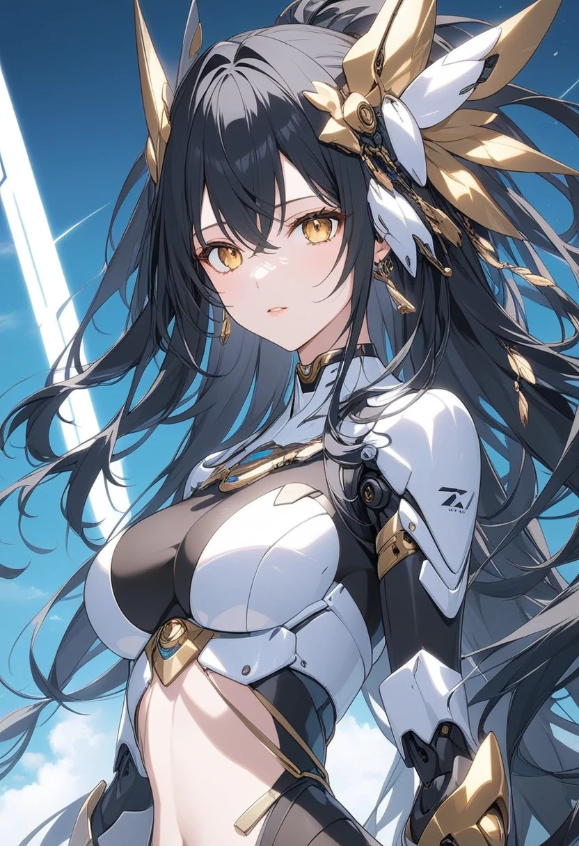 ((best quality)), ((masterpiece)), (detailed), perfect face, anime style, mature, anime girl, muscular, viera from final fantasy xiv, rabbit ears, black hair color, short messy hairstyle, tan skin color, purple eyes, demihuman, wearing a mechsuit