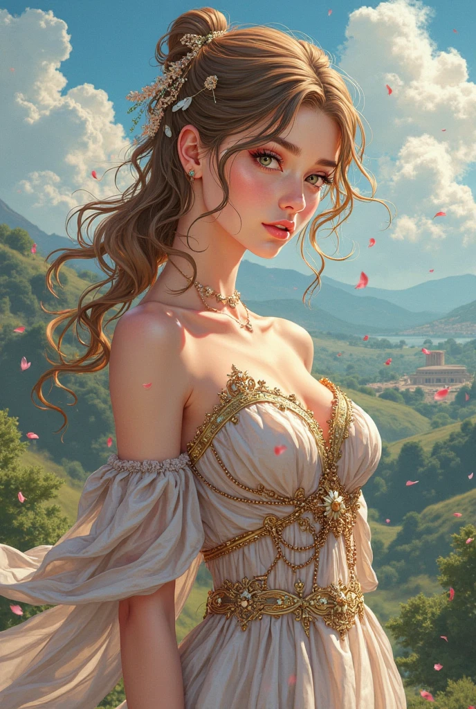 Fantasic Illustration, Masterpiece: 1.2, Highest Quality, Highres, 16k, Beautiful Detailed, Ultra-Realistic, Photo Realistic: 1.37, Beautiful Cute Girl, kneeling in English rose garden,under the rose arch, rose tattoo on arms, growing eyes, shining pupils, blushed cheek, shiny rosy lips, wearing dress show off tattoo, delicate beautiful (hair, face, eyes, pupils, long eyelash), middle breasts,