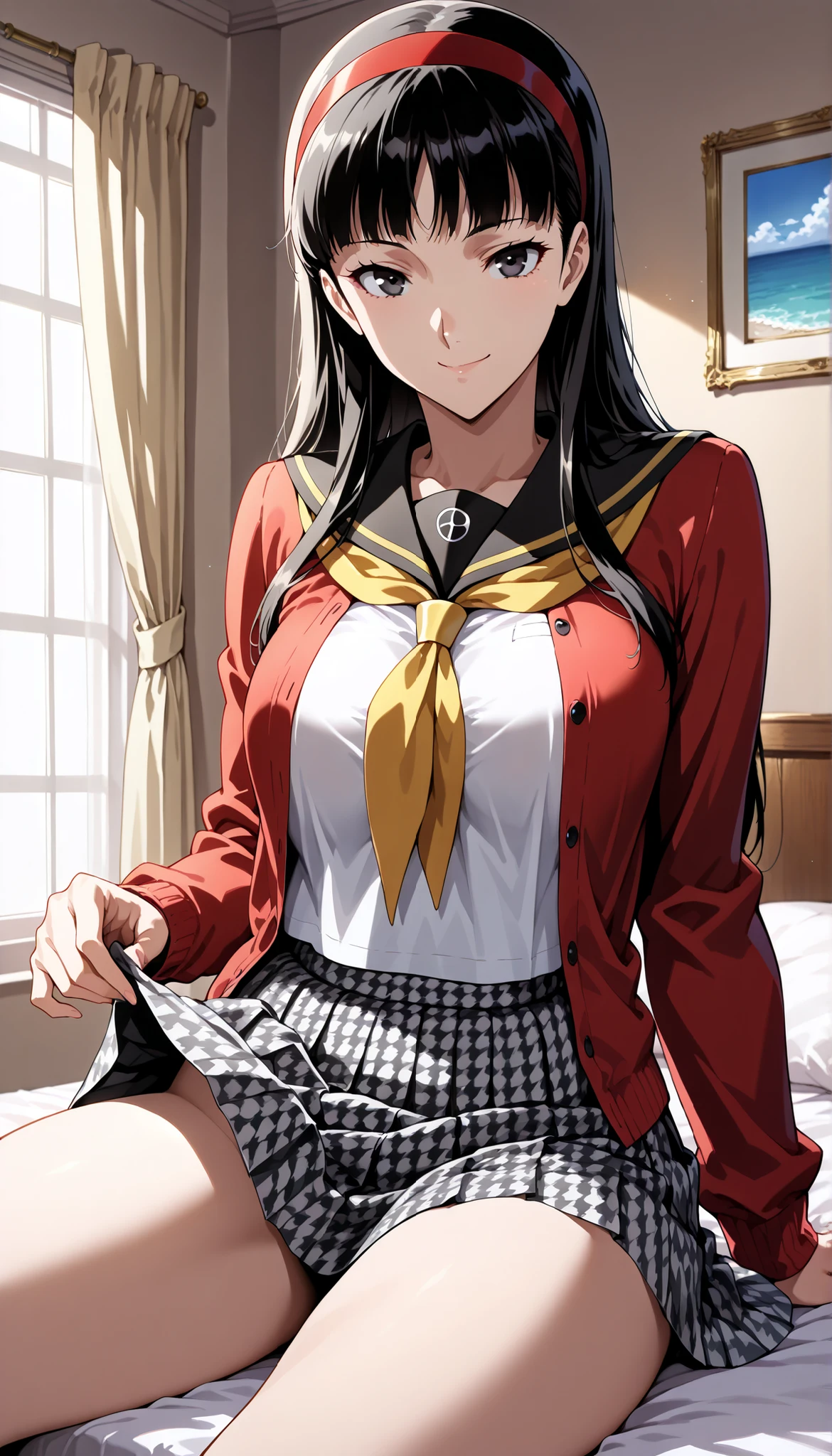 score_9,score_8_up ,score_7_up ,score_6_up ,score_5_up ,score_4_up ,(source_anime), clip skip:2,(masterpiece:1.3),(extremely detailed CG unity 8k wallpaper),top quality , amazing quality, high resolution, absurd, very aesthetic, high resolution, (ultra detail), perfect detail ,( beautiful eyes:1.3),(feature large highlight:1.4), 8k, perfect fingers,(perfect hands, perfect anatomy),(Aesthetic Anime Eyes:1.3),(feature large highlight:1.4),beautiful hair,(18 years old:1.3),day, pale eyes, (half closed eyes:0.6),(lighting face:1.2),(lighting front),bright room,
1 girl, Alone, cute face,(cowboy shot:1.4),spread leg,cover,smile,
p4yukiko, amagi yukiko, long hair, black hair, bangs, black eyes,
p4yukiko-winuni, yasogami school uniform,white school uniform, skirt, pleated skirt, houndstooth, Cardigan, red Cardigan, open Cardigan,skirt lift,NSFW, (white underwaer:1.3),
bedroom, sitting, looking at viewer, smile,
masterpiece, best quality, ultra detailed,