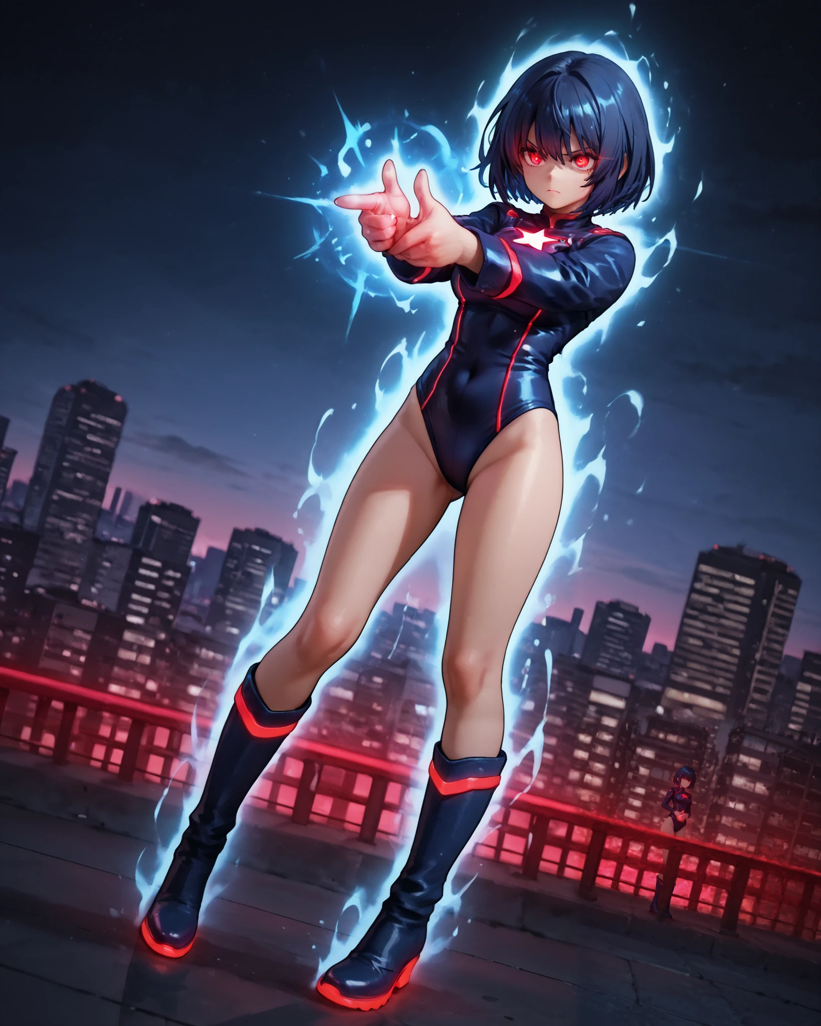 Masterpiece, Best Quality, High Resolution, highly detailed, professional, 8k, 1girl, height:158cm, superhero, (leotard, dark blue leotard, star symbol on the chest:1.2, long sleeves, bare legs, boots, knee boots:1.2, dark blue boots, matching boots), medium breasts, standing, standing straight, (dark blue hair, short hair, bob hair), blue eyes, beautiful detailed eyes, beautiful detailed face, cute face, (perfect hands, complete fingers, perfect anatomy, perfect proportions), (serious), full body with costume, (fix hands:1.3). (city skyline background, dutch angle), ((glowing red eyes:1.4)). spirit gun, finger gun, blue energy ball, aura, pointing to the side