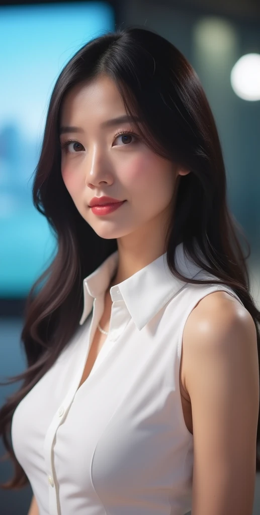 raw photo, 1girl, cute face, beautiful face, medium breast, collared blouse, White blouse, light smile, Upper body, detailed skin, pore, simple background, photorealistic, anatomically correct, masterpiece, best quality, UHD
