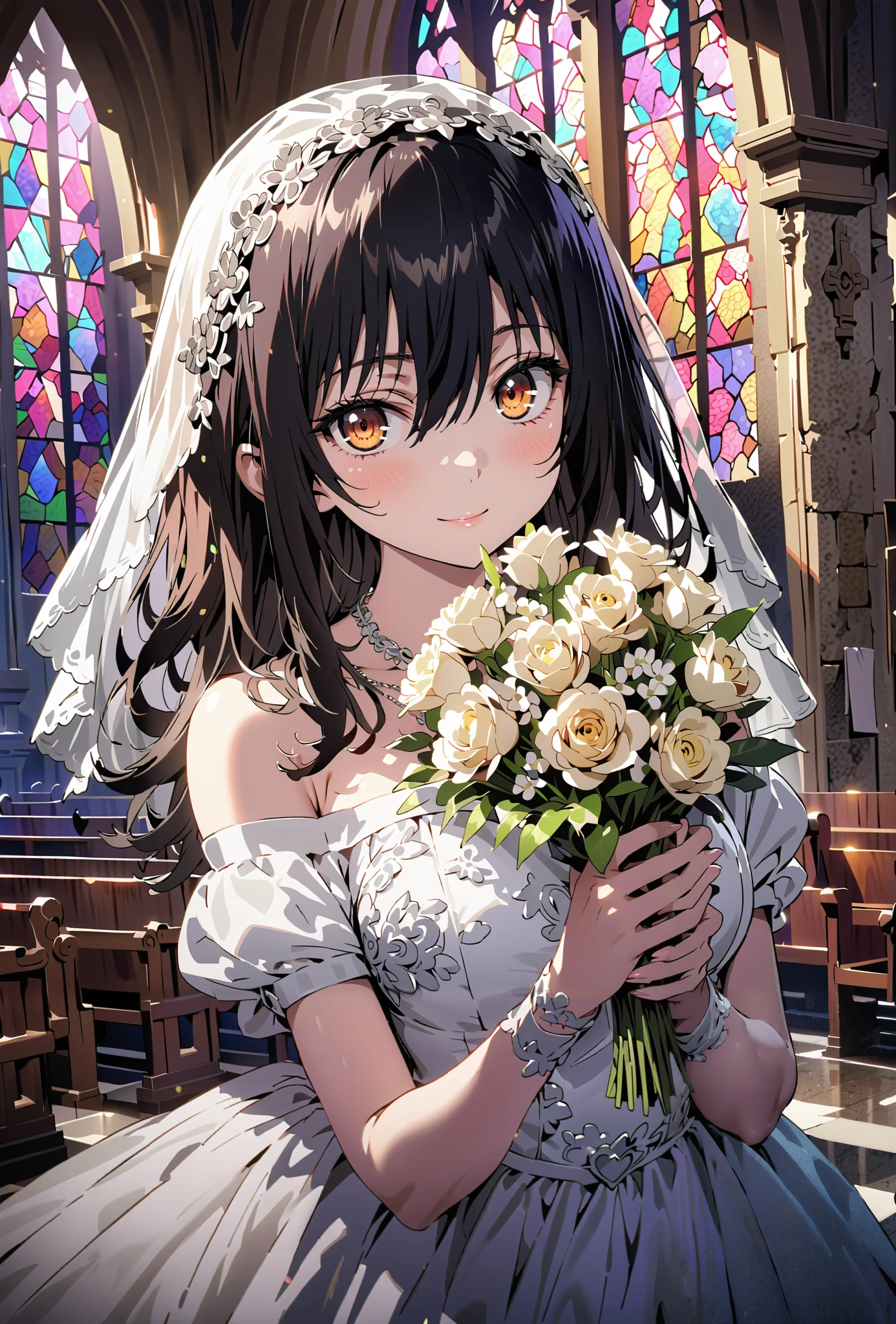 Yukina Himeragi, medium hair, black hair, brown eyes,smile,cover,close your mouth,Medium breast,necklace,Veil,Off Shoulder Wedding Dress,Short sleeve,wedding long skirt,holding a bouquet of flowers with both hands,bouquet,standing,stained glass,full body,がillustrationに入るように,break indoors, Chapel,church,
break looking at viewer,full body,
break (masterpiece:1.2), best quality, high resolution, Unity 8K Wallpaper , (illustration:0.8), (beautiful detailed eyes:1.6), Highly detailed faces, perfect lighting, extremely detailed CG, (perfect hand, perfect anatomy),