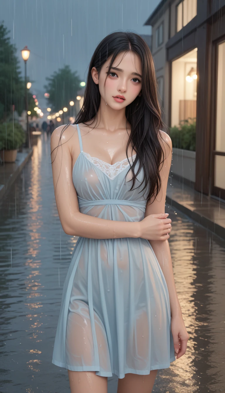 (((masterpiece))), (((Highest quality: 1.4))), ((Super detailed: 1.4)) ,
Woman in maxi dress, turn around, Detailed face, Beautiful Eyes, Walking without noticing the camera, In a city where heavy rain is falling, Wet with rain, Hips,