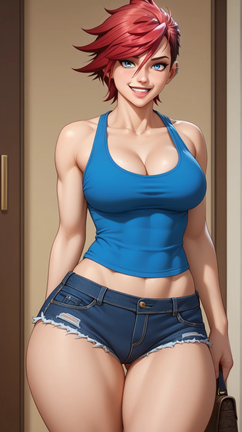 Panel work of art, blue colored eyes, short blonde hair, wearing a tight blue tank top with a low neckline, wearing short, tight denim shorts with the buttons open, defined body, 4K HD image