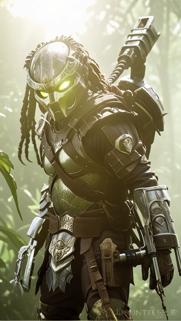 In the heart of an untamed jungle, where the sunlight filters through a dense canopy of ancient trees, a formidable figure emerges. Shafts of golden light pierce through the foliage, casting an ethereal glow upon the scene. The air is thick with the scent of damp earth and the distant calls of unseen creatures, adding to the sense of a living, breathing wilderness.

Standing amidst this verdant wilderness is the Predator, an apex hunter of unparalleled skill and ferocity. Towering and muscular, his presence exudes a blend of primal power and advanced technology. His face, a grotesque yet mesmerizing combination of reptilian features and mandibles, is partially concealed by a fearsome bio-mask. From beneath the mask, his eyes glow a menacing red, scanning the surroundings with an intense, predatory focus.

He stands poised, holding a scepter that gleams with otherworldly energy. The scepter, intricate and menacing, is adorned with alien symbols and deadly blades, a testament to his warrior culture. His armor, an extraordinary amalgamation of metal and organic material, fits him like a second skin. Each piece of the armor is meticulously crafted, displaying an array of advanced technology and trophies from countless hunts. The shoulder cannon, poised and ready, hums softly, a silent reminder of his lethal capabilities.

His chest plate, decorated with the marks of his clan, bears the scars of many battles, each scratch and dent telling a story of survival and dominance. Around his waist, a belt holds various tools and weapons, each designed for a specific purpose in the art of the hunt. The gauntlets on his forearms, equipped with retractable blades, glint ominously in the sunlight.

As he stands there, a living embodiment of the perfect hunter, the jungle seems to acknowledge his presence, the natural sounds dimming in a moment of reverence. The Predator, clad in an armor of fear and respect, is not just a creature of nightmare but a master of his domain, a relentles