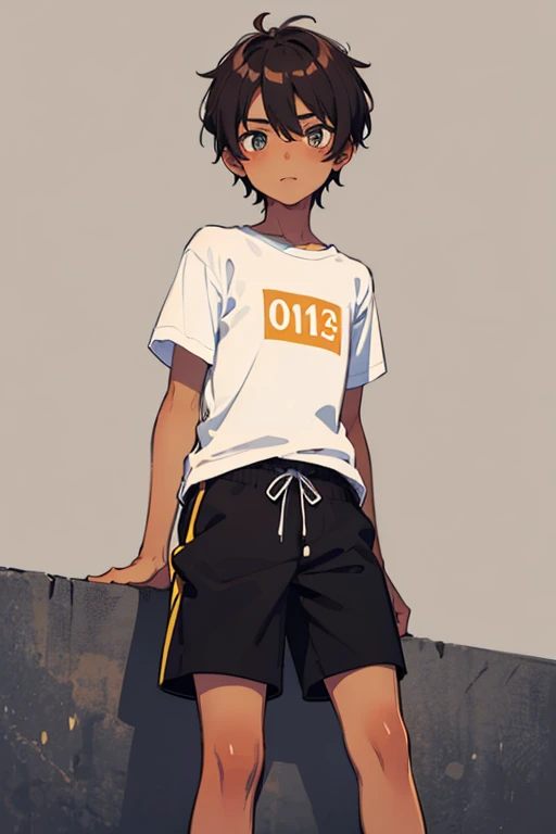draw a boy holding a shiny pearl, the boy is chubby and has, make him small, his face describes curious and surprise, make his hair brown and his skin tan, he is using a simple white shirt and black shorts,e is looking at the peal
