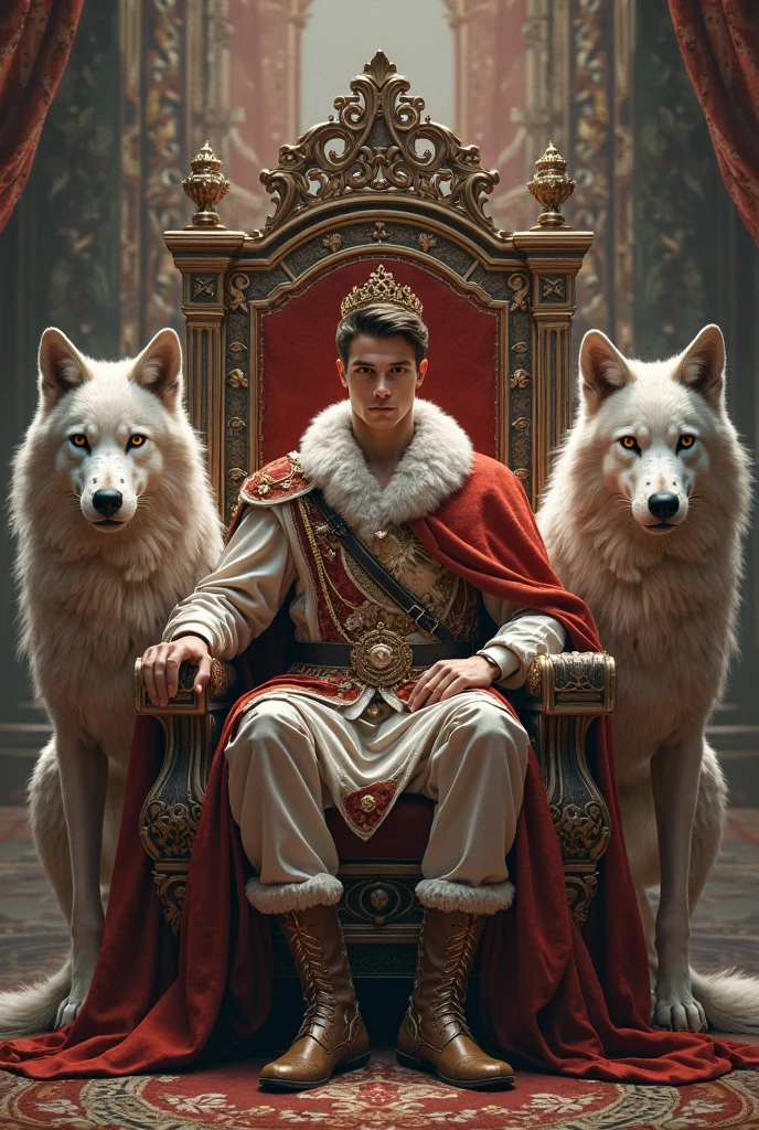 Royal man young with two wolves on the sides on a throne