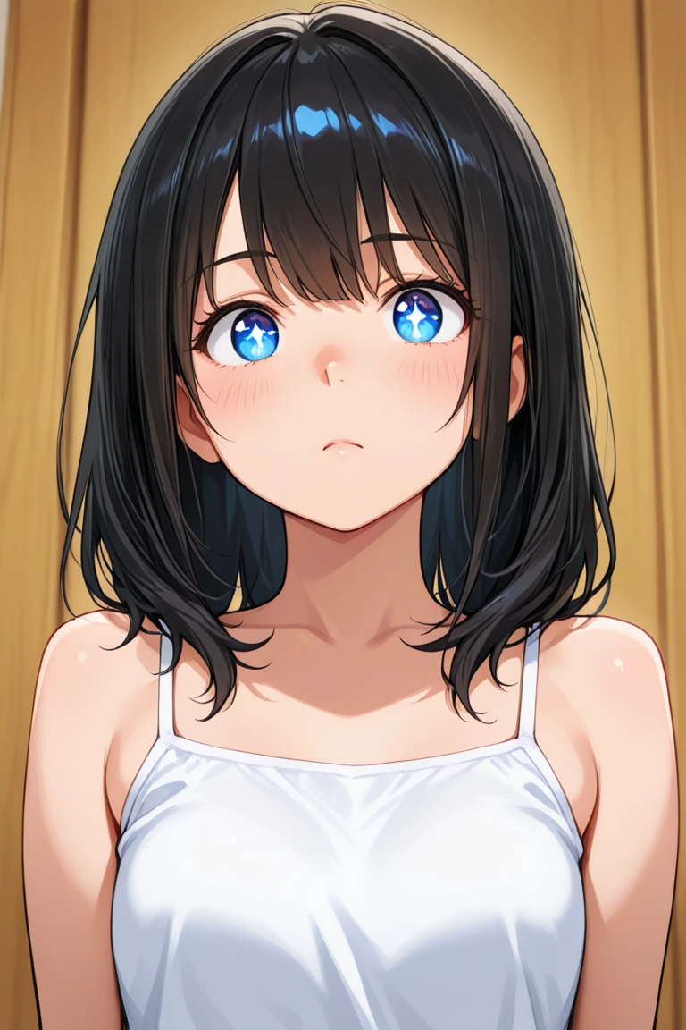 (One Girl), Very cute face, Great face and eyes, (Highly detailed eyes, Highly detailed face), Fresh, Very beautiful appearance, (Ultra-realistic, High resolution), (Highest quality:1.4), RAW Photos, (Realistic, Realistic:1.37), Professional photography , ((Wet beige tank top:1.2)) , Cleavage, (Exposing shouldersさせる), Laugh a little, (look at me), Bedroom, Portrait of a Girl ,((Small breasts)) ,(Erect nipples:1.1) , Exposing shoulders ,