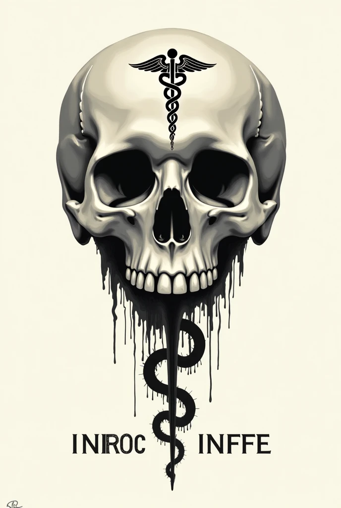 A mosaic skull mixed with a caduceus in black and white tattoo style.