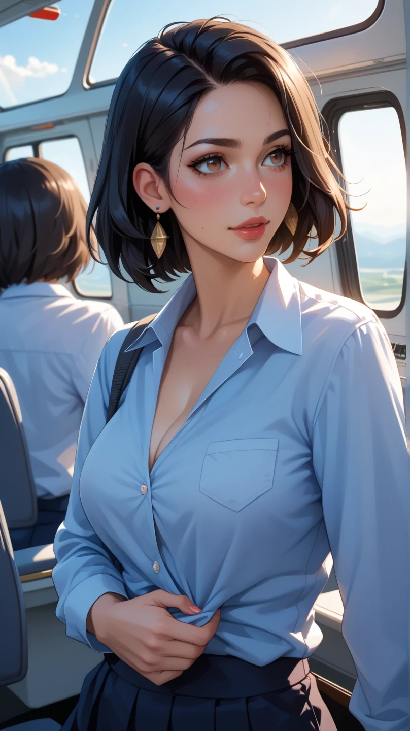 (masterpiece, Highest quality, 8k, Intricate detaileds, 超detailed, Ultra-high resolution,) 1 female, alone, A beautiful and ripe year, (Flight attendant uniform:1.4), Are standing, ((Beautiful Face)), (detailedな顔), (Perfect Teeth), double eyelid, eyelash, 唇のdetailed, Grin, (Black short hair), (Huge breasts), detailed, Perfect body, ((Cowboy Shot)), (background: Inside the plane)