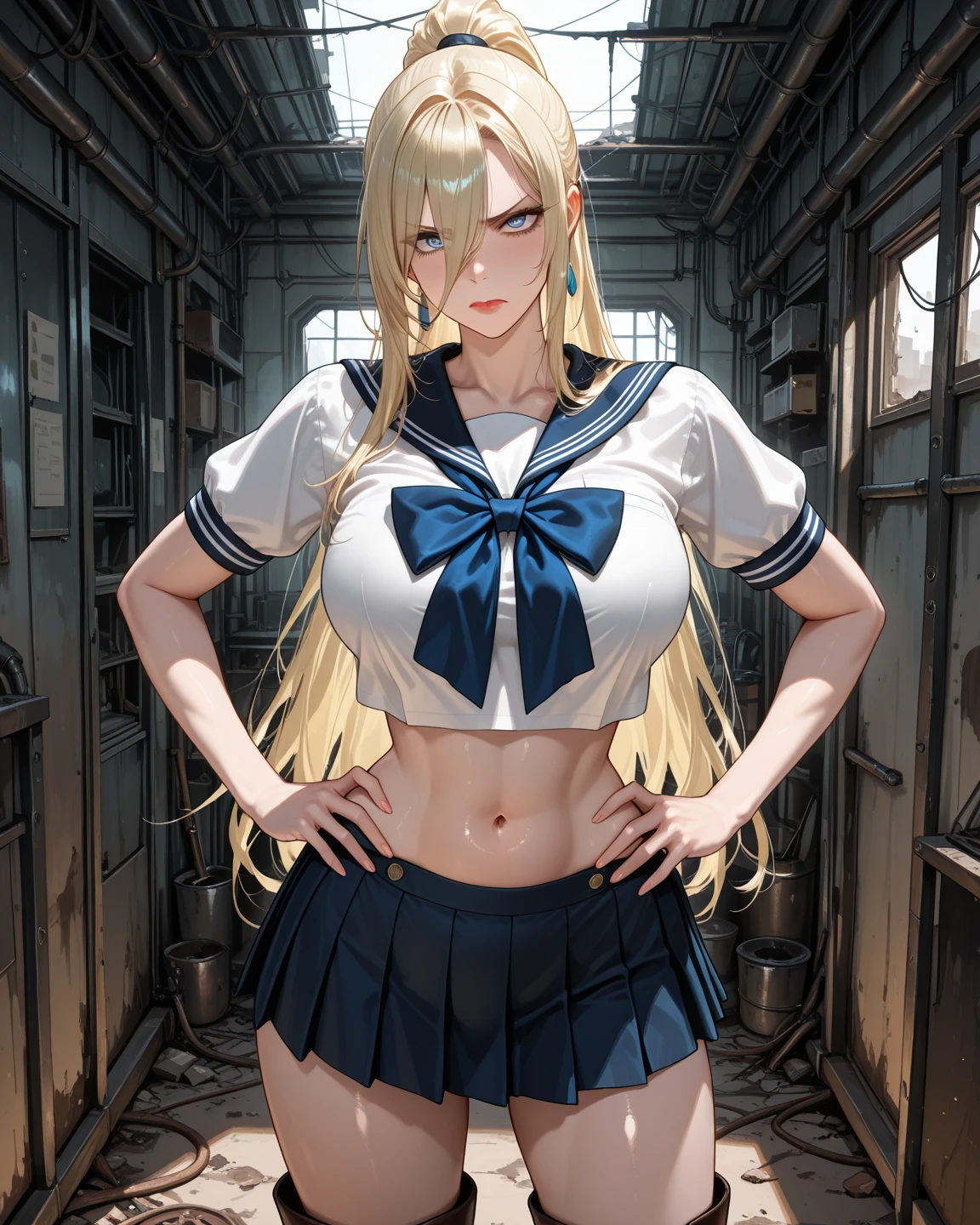8K, Best quality, Ultra High-Resolution: 1.35, Raw photo: 1.2, Photorealistic: 1.37, masterpiece: 1.25)), Sweatiness: 0.2, Professional lighting, photon mapping, radiosity, symmetry, complexity, elegance, anatomically correct, (((1 girl))), medium breast, ((long blond hair, green eyes: 1.2)), long eyelashes, eye shadow, natural makeup, clear facial features, double eyelids, alluring, attractive, (curvy build, exposed cleavage, full-figured body, busty body, thicc, thick thighs, thigh gap), showing stomach, abs, ((sexy black/white lingerie 1.2, garter belt: 1.4, white captains uniform, white captains hat: 1.5, navy uniform, black pleated skirt: 1.38)), sexy pose, azur lane, command bridge, on a battleship,