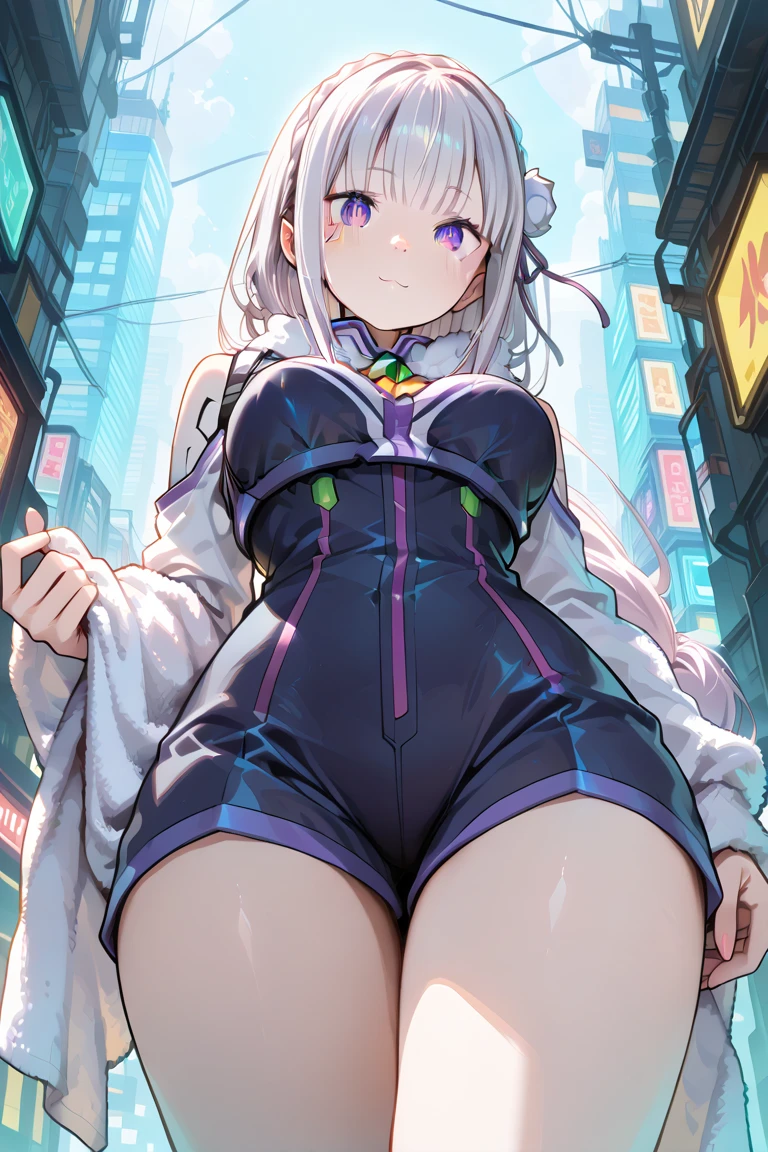 high quality, detailed, on street, in public space, girl, loli, 12 years old, transform heroine, cyber battle suit, tight- fitting suit, pregnant, breasts exposed, genital exposed, see through, long hair, purple hair, red ribbon, head gear, smile, blush, exposing their genitals, Spread the genitals, Swelling of the genitals, Messing with the genitals, white fluid dripping from genitals, focus on genital, from below,