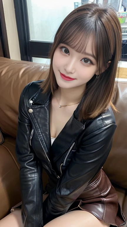((highest quality, 8K, masterpiece: 1.3)), 1 girl, The beauty of slim abs: 1.3, (casual hairstyle, no big breasts: 1.2), dress: 1.1, super fine face, fine eyes, double eyelid, smile, Home, Black leather jacket