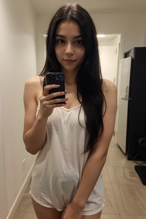 white woman, black long hair, taking a selfie in the bathroom