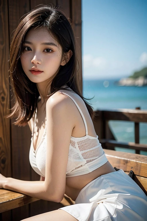 8K, Top Quality, Intricate Details, Ultra Detail, Ultra High Resolution, Masterpiece, random angle, Slender, Smile, (Makeup: 0.4), (Fluffy Blue Eyes: 1.21), blue Eyes,, ((full body)), 1girl, solo, 1 girl, (( full body)), close-up shot, sitting, on side , , ((tall)), (((fit body))), (((slim face))), sharp face, sharp eyes, (((black hair, short hair, wavy hair , )) (detailed face), sharp face, small lips, thin lips,
(( crop top )), detailed face, detailed breast, , large breast, detail, , Beautiful girl with accentuated slender abs: 1.4, Six Pack Abs: 1.4, Bust Botox, Big, Perfect Body, detail leg, (( moonlight)), top of mountain