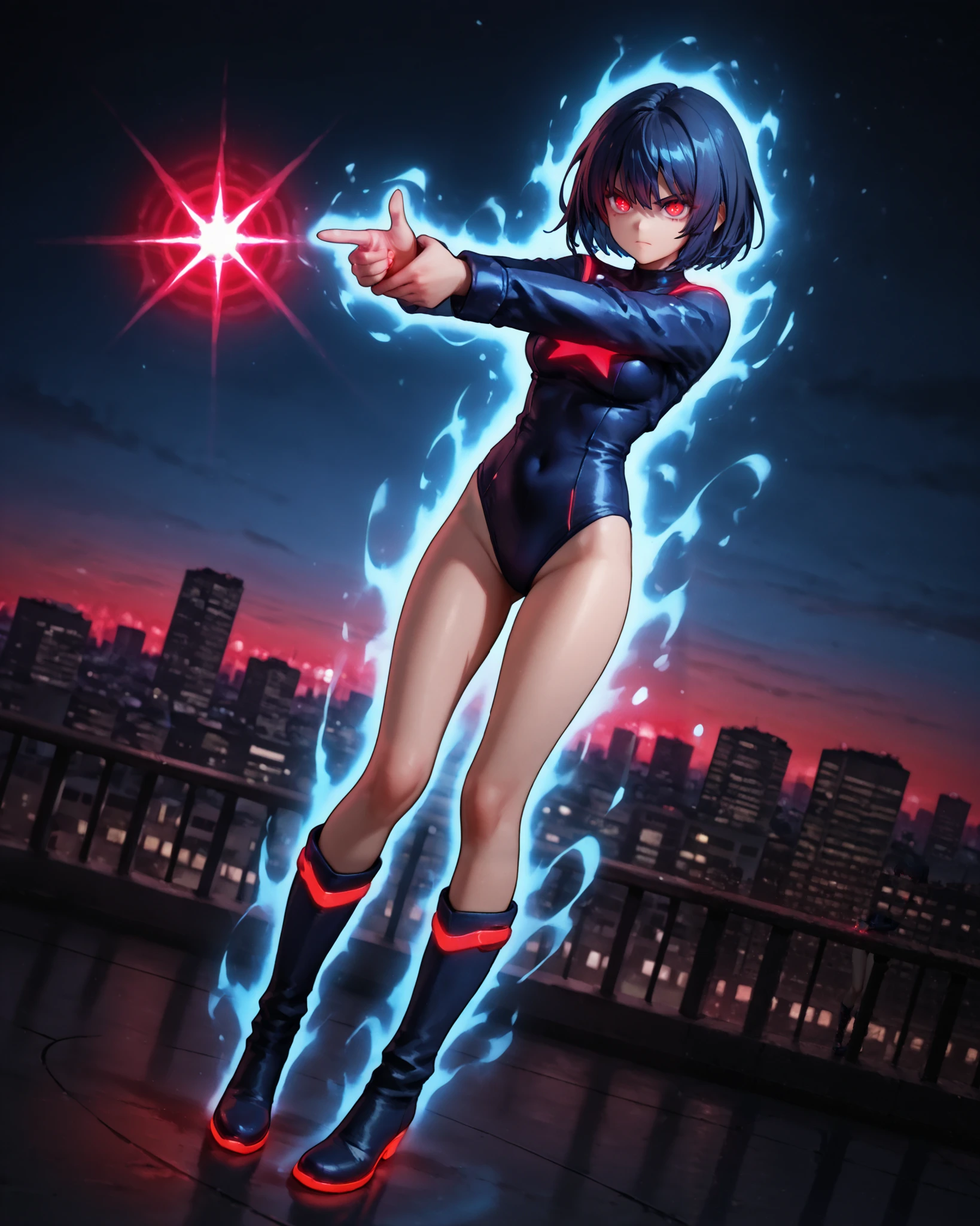 Masterpiece, Best Quality, High Resolution, highly detailed, professional, 8k, 1girl, height:158cm, superhero, (leotard, dark blue leotard, star symbol on the chest:1.2, long sleeves, bare legs, boots, knee boots:1.2, dark blue boots, matching boots), medium breasts, standing, standing straight, (dark blue hair, short hair, bob hair), blue eyes, beautiful detailed eyes, beautiful detailed face, cute face, (perfect hands, complete fingers, perfect anatomy, perfect proportions), (serious), full body with costume, (fix hands:1.3). (city skyline background, dutch angle), ((glowing red eyes:1.4)). spirit gun, finger gun, blue energy ball, aura, pointing to the side