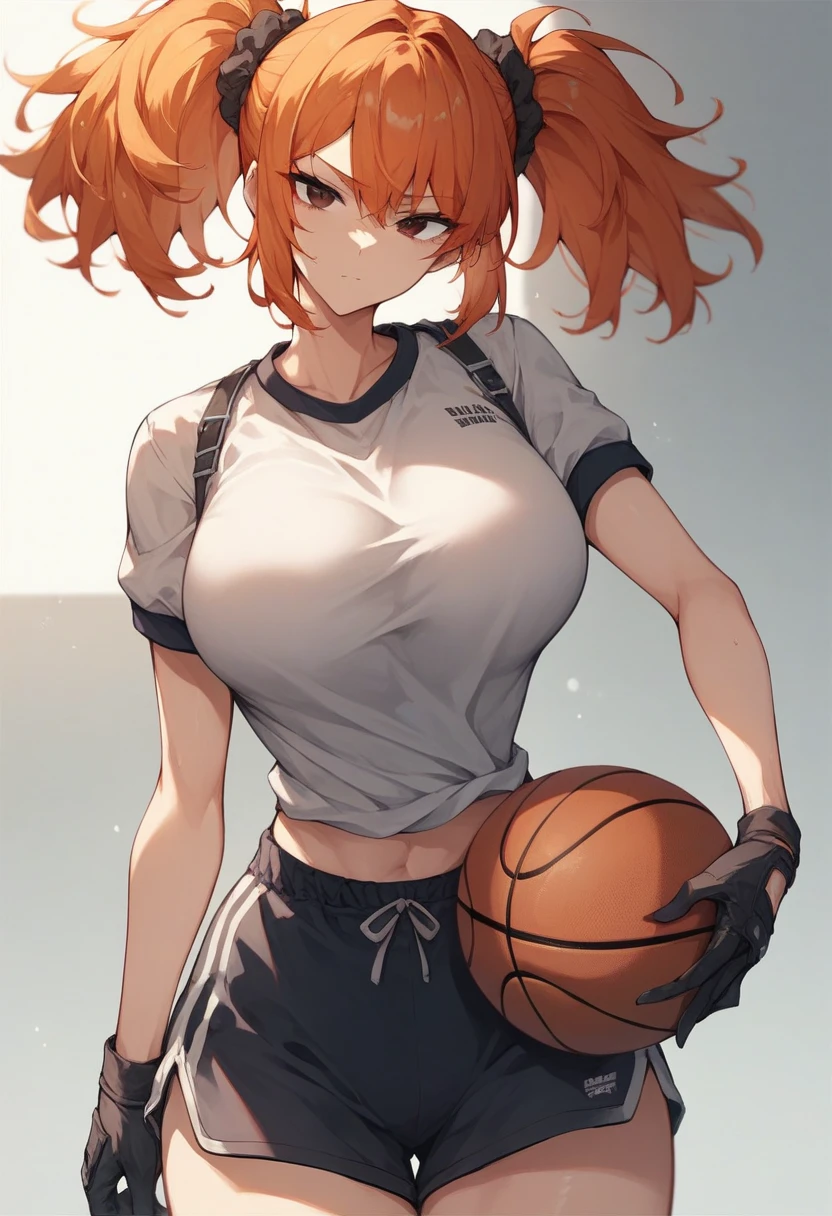 best quality, best resolution, (fluffy anthro furry), calico cat girl, maroon hair, short wavy hair, brown eyes, [[make the fur surrounding her right eye brown]], medium breast, tomboy manner, (black t shirt, dark blue basketball shorts), standing,  gym