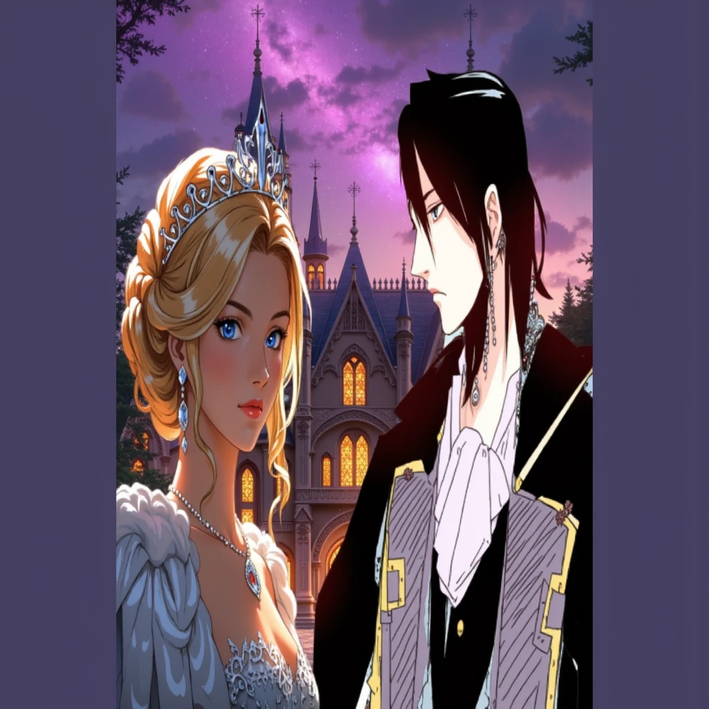 Two Anime characters: Black woman with dark eyes. Her short, black hair. He wears a white wedding dress with a large neckline. White man with dark eyes. Her long, black hair. He wears a black cloak.. Ao fundo, a dark medieval setting with an atmosphere of mystery and intensity.