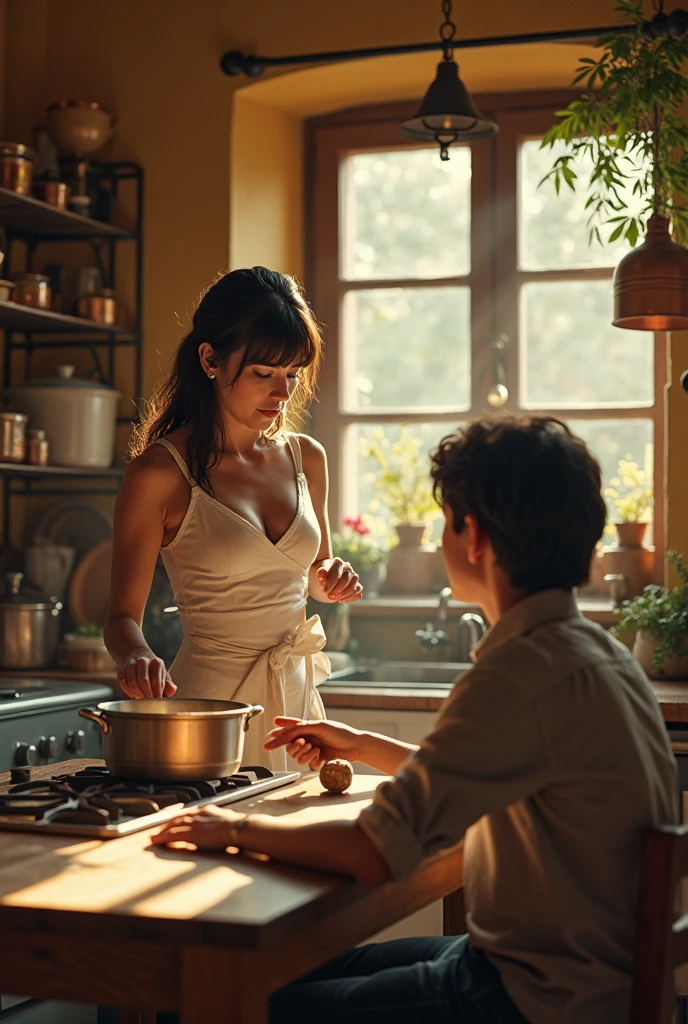Create a naked girl sitting at a kitchen table talking to a lady cooking