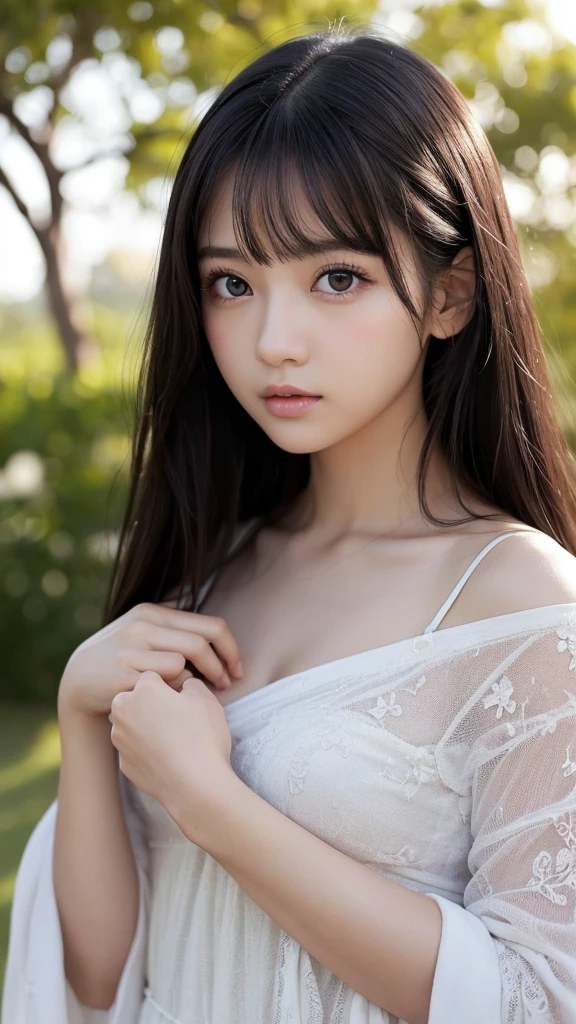 (High Definition CG Unified 8k Wallpaper), (Masterpiece), (Best Image Quality), (Super Definition), (Best Illustration), (Best Shadow), (Realism: 1.4), (PureFace_V1:0.5), Real Human Skin, Lens Flare, Sunny, Backlight, Flowers, Natural Light, Hard Focus, Deep Focus, ((No Blur: F16)), (Staring at the viewer), Shot from low position, drawing from below the knee to head, 1 girl, (younger than 12 years old), Solo, petite and thin girl, thin thighs, (very young Japan beautiful girl), white skin, small nose, clean and healthy smile, (smile smile), soft lips, pale cherry colored lips, (light eyebrows: 1.4), shiny large black eyes, flat chest, (flat chest: 1.4), ( Medium or semi-long black hair: 1.1), (beautiful girl with a cute loli face: 1.6), cute and big eyes, (corners of the mouth raised: 1.4), beautiful armpits clearly visible, triangular sitting with legs open, facing forward, light clothing, (light white camisole), skin see-through, clothes soaked wet and see-through, (((Thin and fairly tight light colored short spats: 1.2)), (raising his right hand and putting his hair over his ears), plump round face, sky with beautiful details, as details (crowd: 1.2), park, (blush of the nose), (shy smile: 1.8), red cheeks, hollow detail eyes, floating hair, transparency, symmetrical large eyes, protrusions, hair clips, groin, inner thighs, hamstrings,