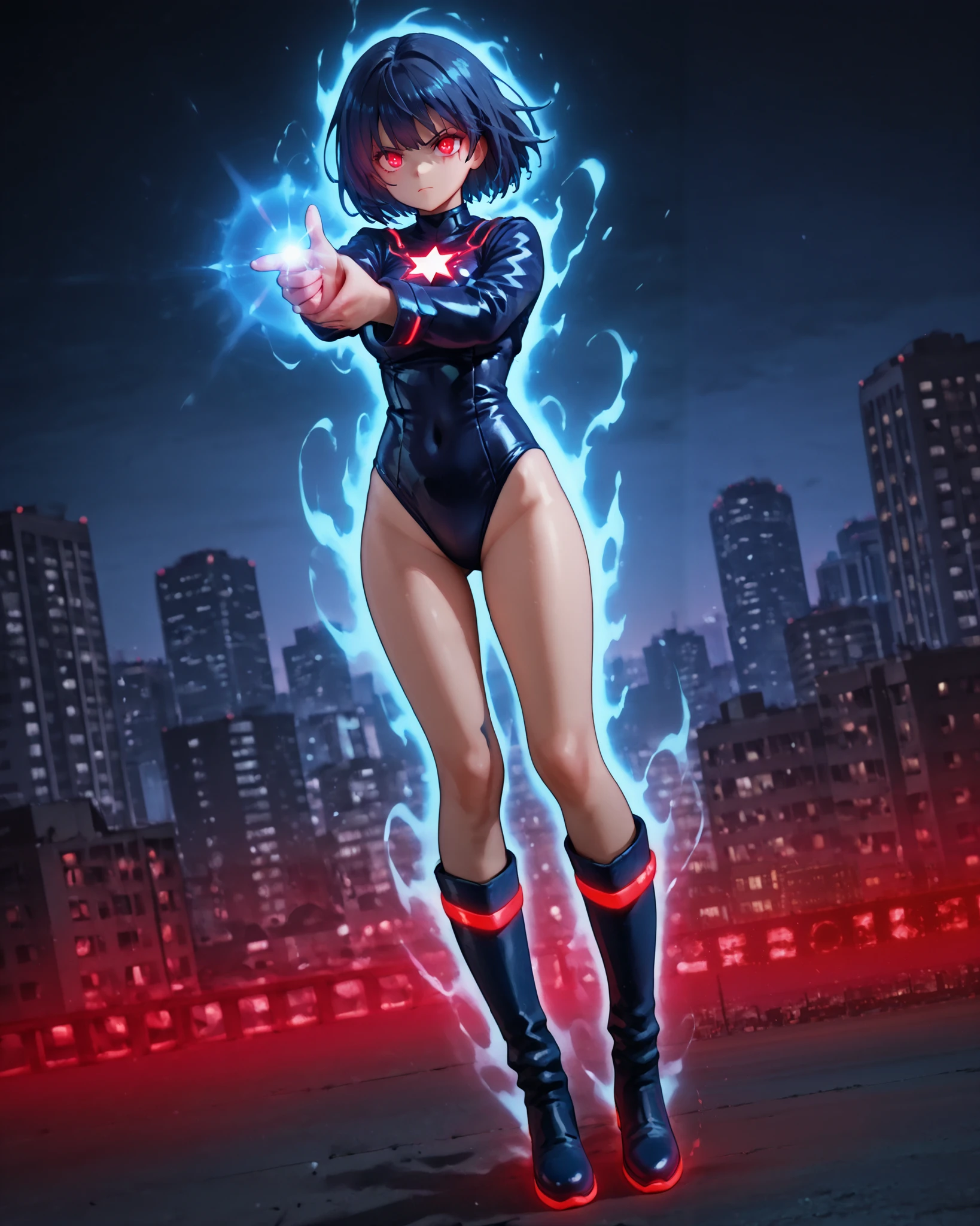 Masterpiece, Best Quality, High Resolution, highly detailed, professional, 8k, 1girl, height:158cm, superhero, (leotard, dark blue leotard, star symbol on the chest:1.2, long sleeves, bare legs, boots, knee boots:1.2, dark blue boots, matching boots), medium breasts, standing, standing straight, (dark blue hair, short hair, bob hair), blue eyes, beautiful detailed eyes, beautiful detailed face, cute face, (perfect hands, complete fingers, perfect anatomy, perfect proportions), (serious), full body with costume, (fix hands:1.3). (city skyline background, dutch angle), ((glowing red eyes:1.4)). spirit gun, finger gun, blue energy ball, aura, pointing to the side, looking to the side