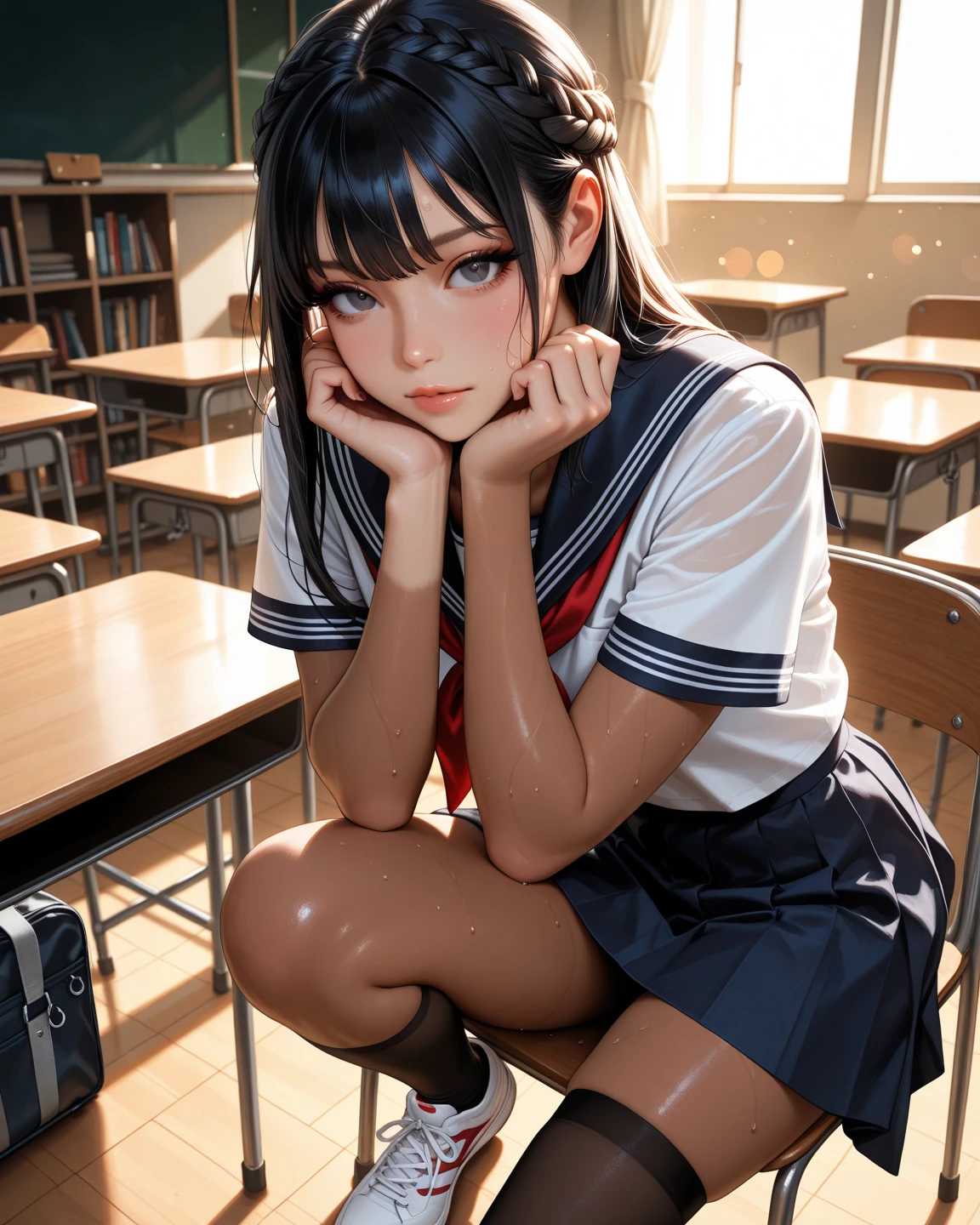 (absurdres:1.3), 8K, (detailed photograph:1.5), (detailed face and skin:1.3), (ultra high res:1.5), (photorealistic:1.5), symmetric clear eyes, well-groomed face, (ray tracing:1.3) ,1 girl, Japanese, high school girl, (wearing Wet White Japanese high school uniform:1.3), (navy high school uniform:1.3), BREAK (presenting panties), (detailed light Pink silk panties:1.1), masterpiece, best quality, highly detailed, classroom, Black mideum straight hair,focus panty, cinematic lighting, (blushing:1.3), (Stain on panties:1.4), transparent clothes nipples