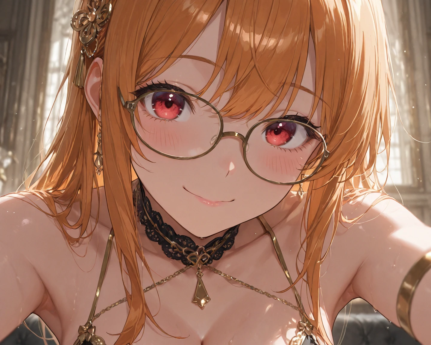 (8k, masterpiece, Best Quality, ultra-detailed, Professional lighting, beautiful detailed faces, bright colors) beautiful chubby mature woman, naked, long red hair tied in a braid, happy smile mouth open tongue out, rolling eyes, wearing glasses, oppai, oppai proportions, golden eyes, whole body visible, outdoor near a lake, pov, sucking dick under park table