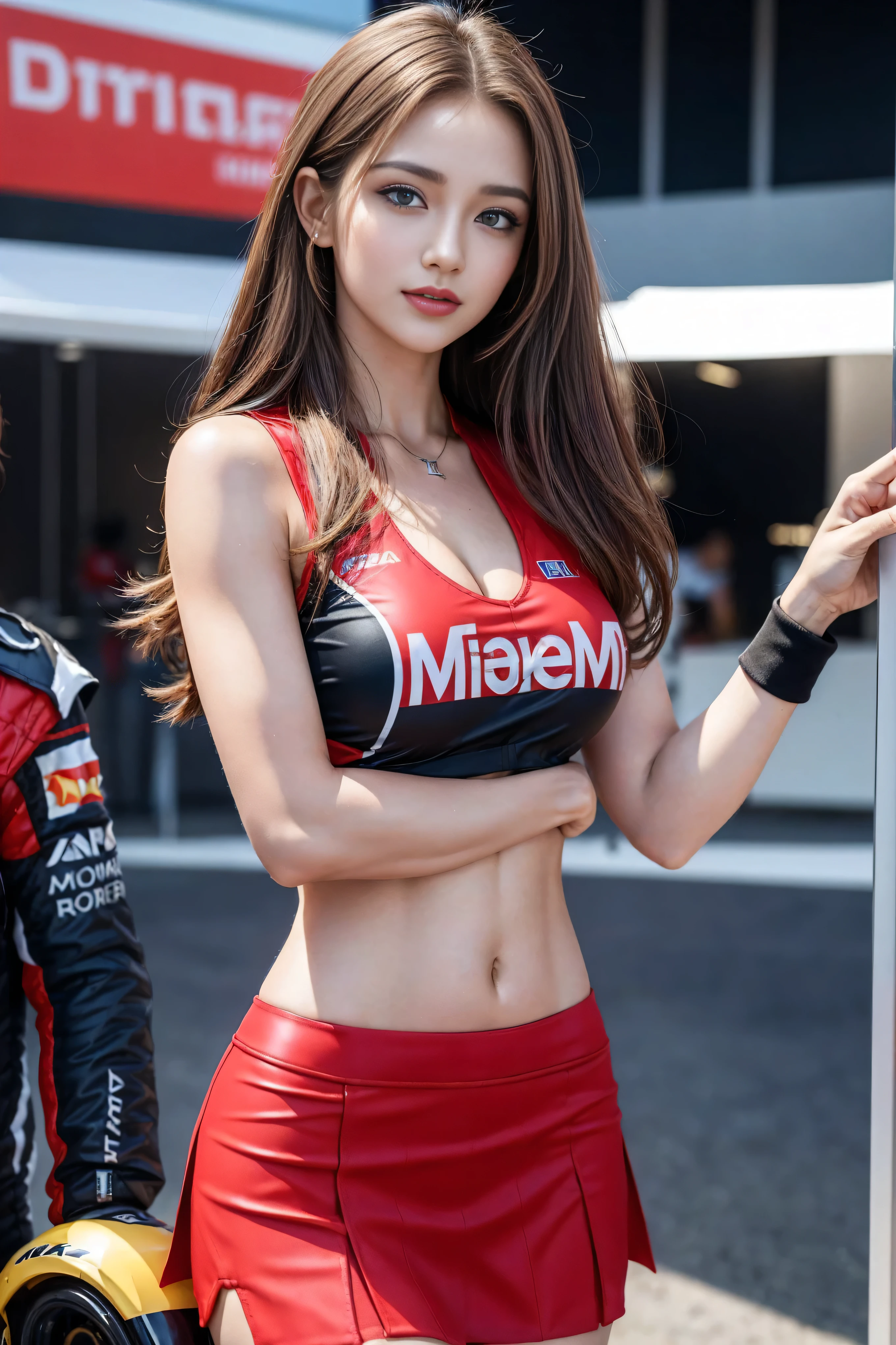 (((one shoulder gridgirl costume))),(((waving))),(((midriff peek))),(((show underboob ))),(((bare inner thigh))),(((show Formula One car))),ulzzang-6500-v1.1, (Raw photo:1.2), (Photo realistic:1.4), a beautiful detailed girl, extremely detailed eye and face, beautiful detailed eyes, ultra-detailed, High resolution, top-quality, ​masterpiece, highly detailed, 8k wallpaper, Wonderful, finely detail, top-quality, Light on the face,电影灯光,1girl in,(auto race track),Beautiful eyes,smile,Opening Mouth