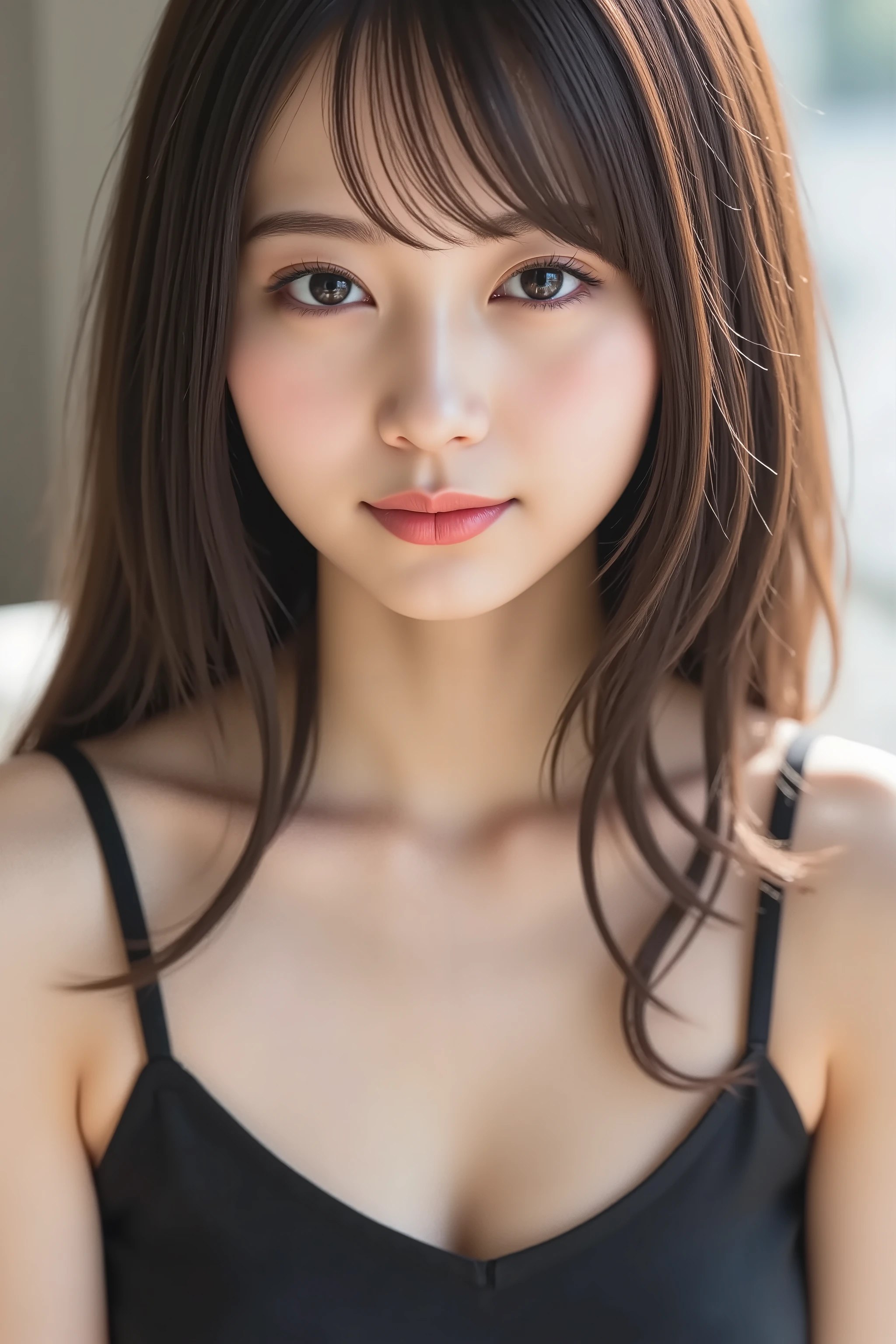 with the face positioned accurately in the center of the image, masterpiece, fine, clean skin、 black camisole, sofa background、long black hair, Bangs, smile, 8k
