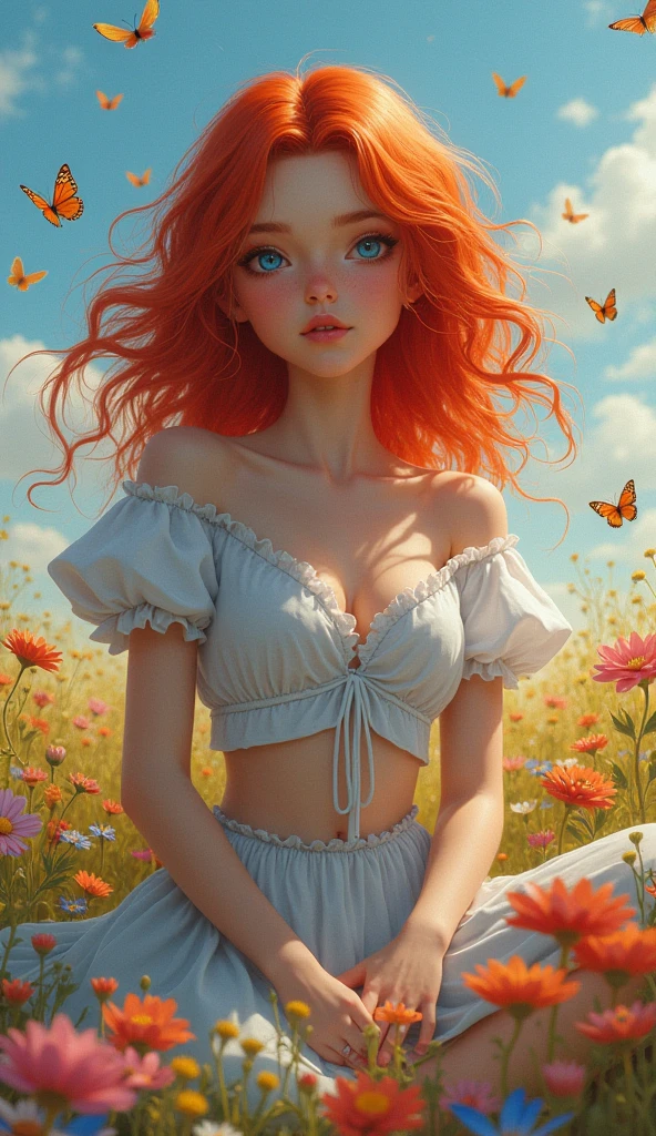 Average Breasts, big eyes, red curls, field, Flowers